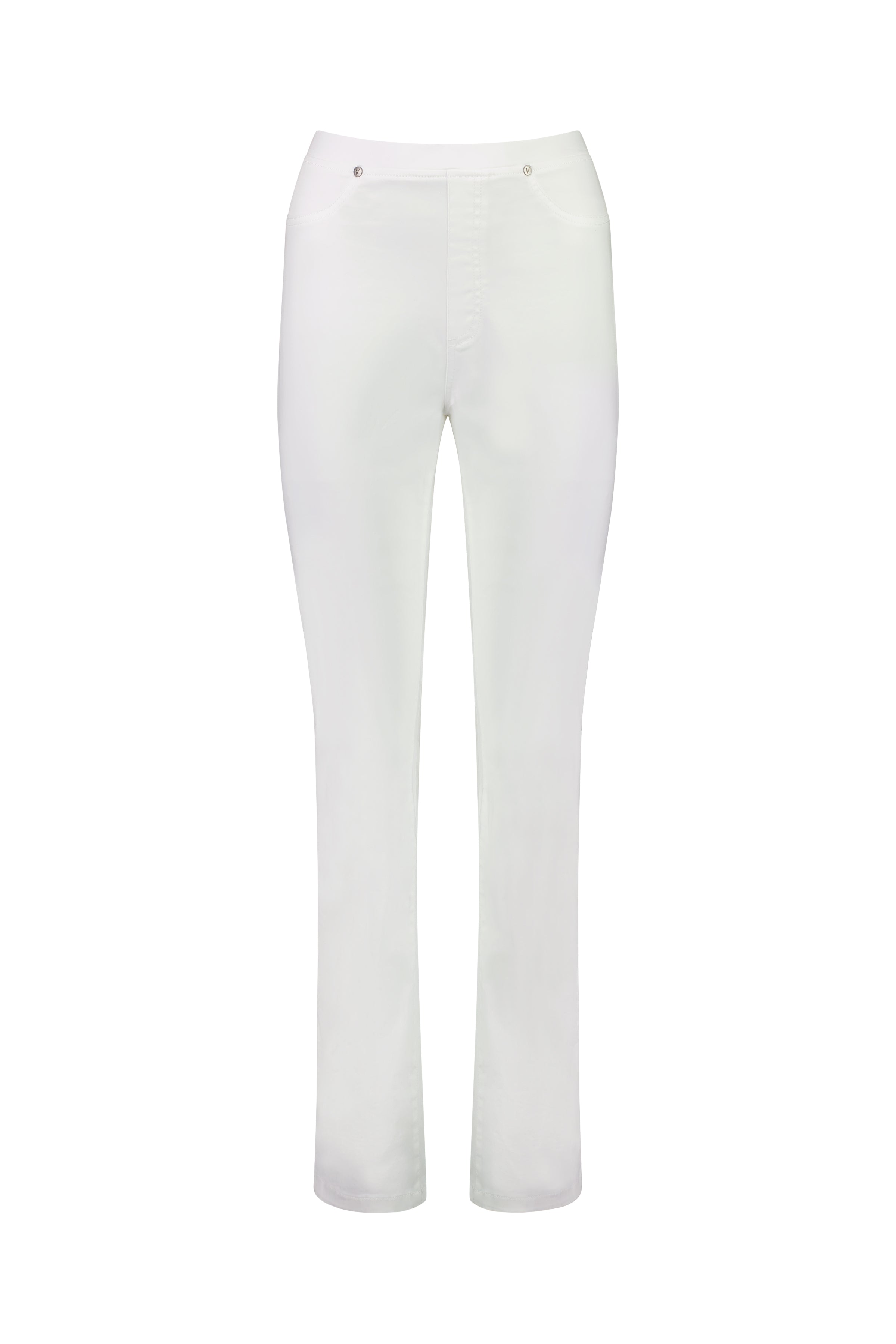 The Bay Pull On - White by Vassalli are straight-leg pants with a fitted waist, stretch fabric, front pockets, and button details at the waistband, shown on a white background.