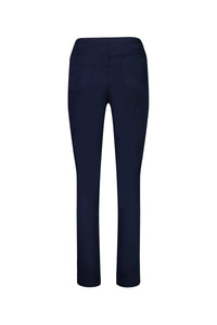The Vassalli Bay Pull On in navy is a slim leg pant shown from the back, with two back pockets, a smooth waistband, and comfy stretch fabric, displayed on a white background.