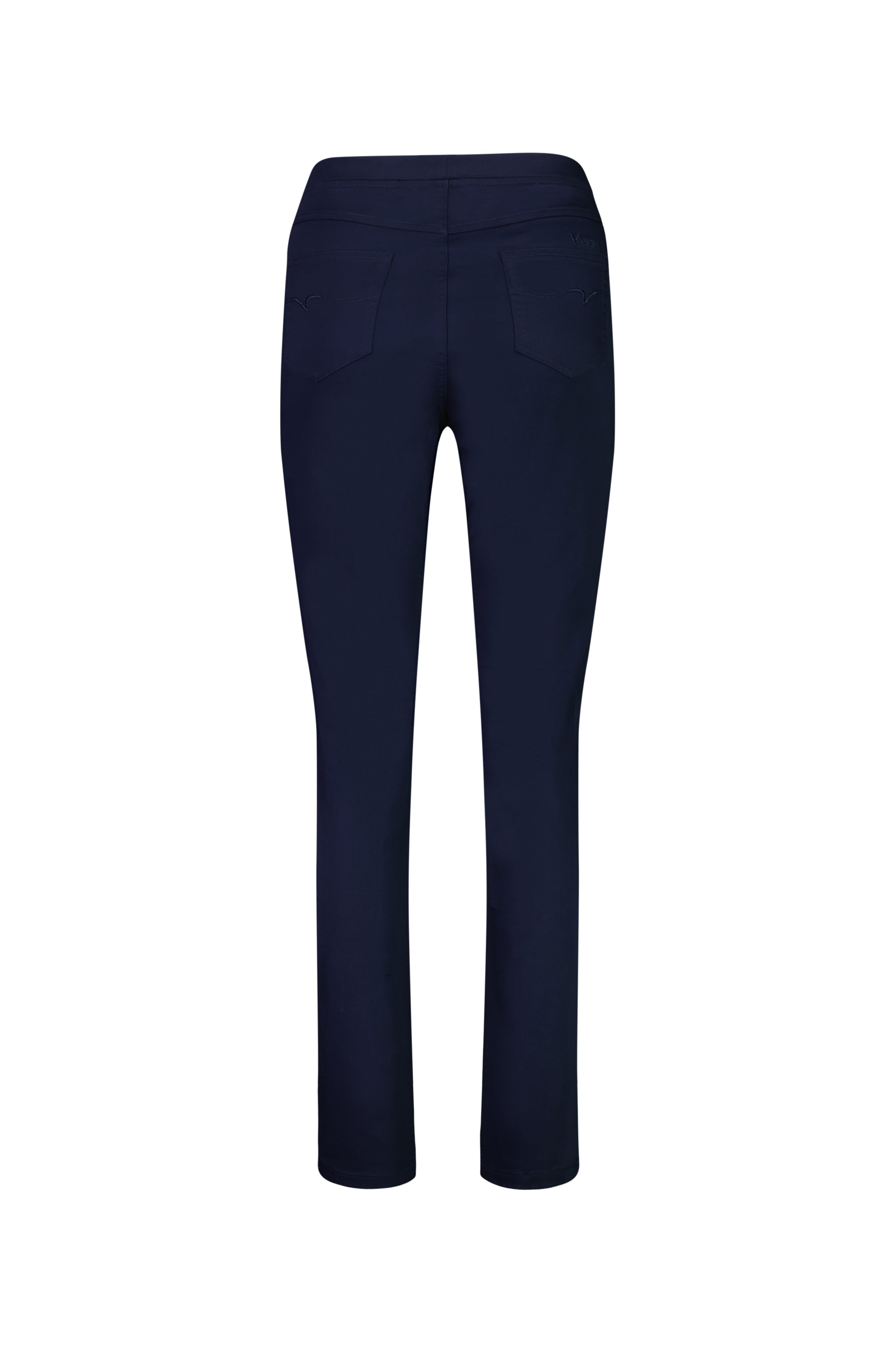 The Vassalli Bay Pull On in navy is a slim leg pant shown from the back, with two back pockets, a smooth waistband, and comfy stretch fabric, displayed on a white background.
