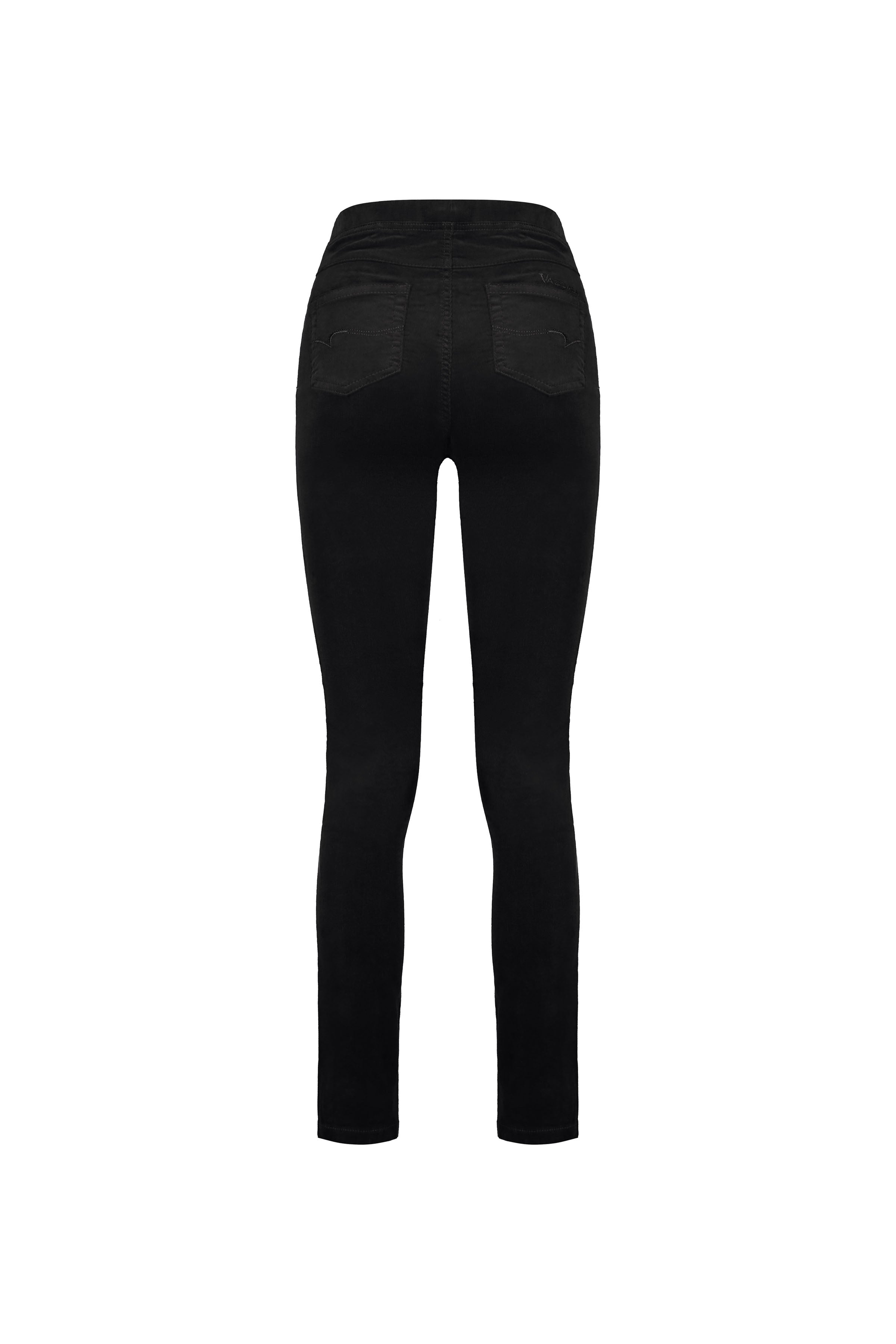 Back view of Vassalli Bay Cord Pull On in black, featuring two rear pockets and a slim leg design, displayed on a plain white background for a sleek look.