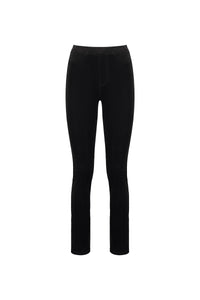 The Vassalli Bay Cord Pull On in black features a classic five-pocket design and a fitted silhouette, shown against a plain white background. These stylish slim leg cord pants are perfect for those who love sleek, modern looks.
