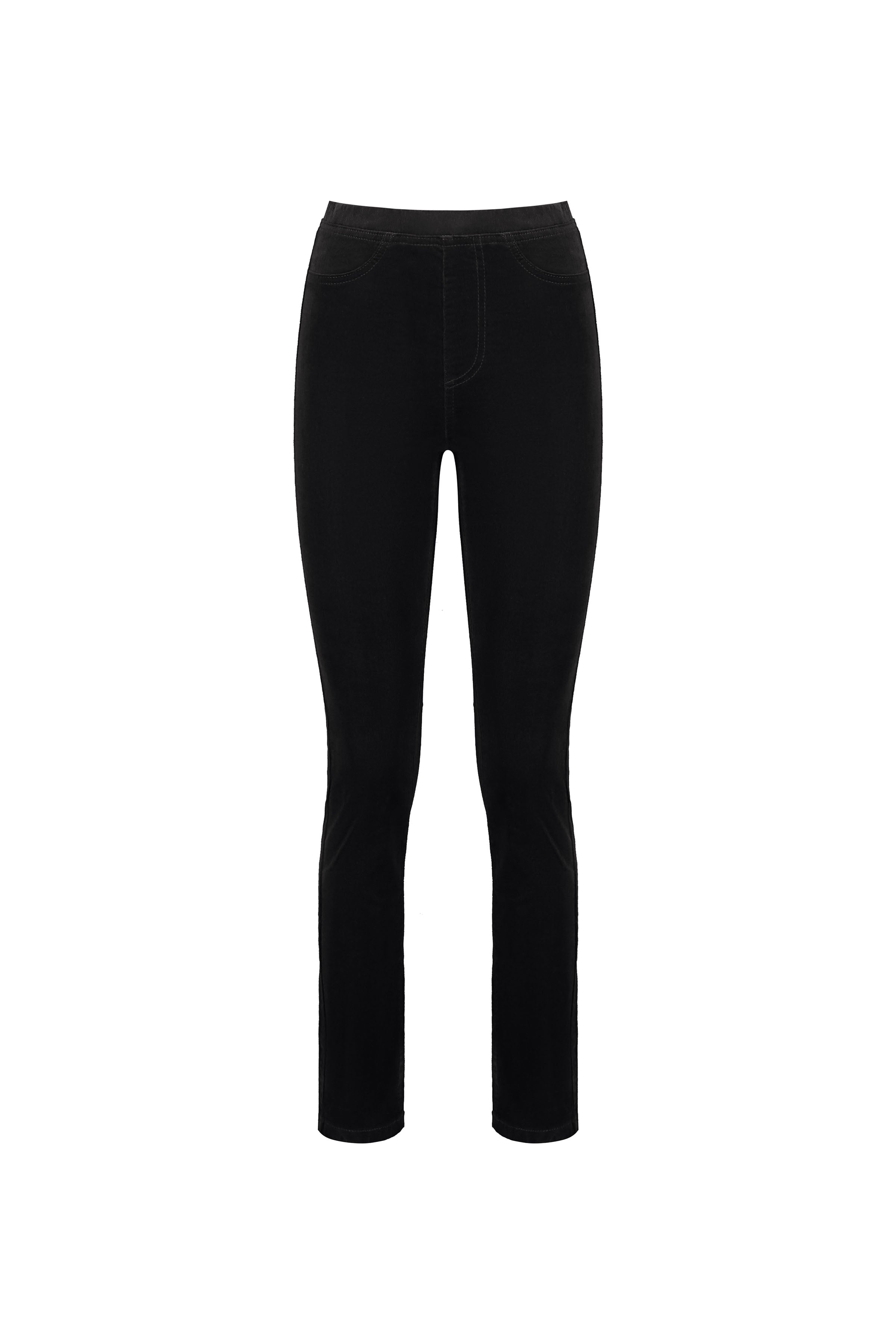 The Vassalli Bay Cord Pull On in black features a classic five-pocket design and a fitted silhouette, shown against a plain white background. These stylish slim leg cord pants are perfect for those who love sleek, modern looks.