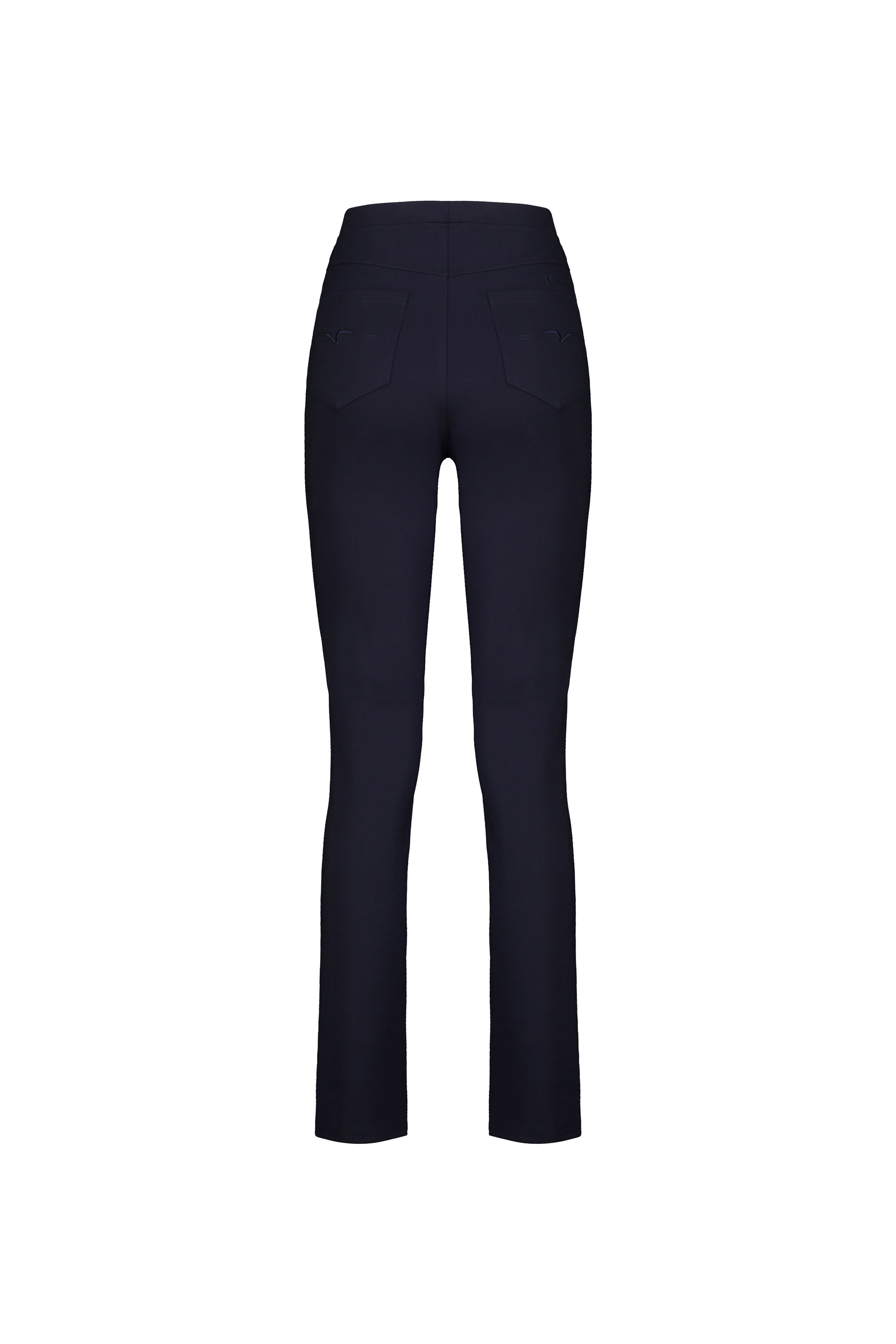 Back view of Vassalli’s Bay Ponti Pull On - Navy slim leg pants with two back pockets, shown on a plain white background.