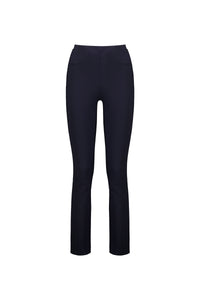 The Vassalli Bay Ponti Pull On pants in navy feature a slim leg design, made from stretch fabric with front pockets, displayed against a white background.