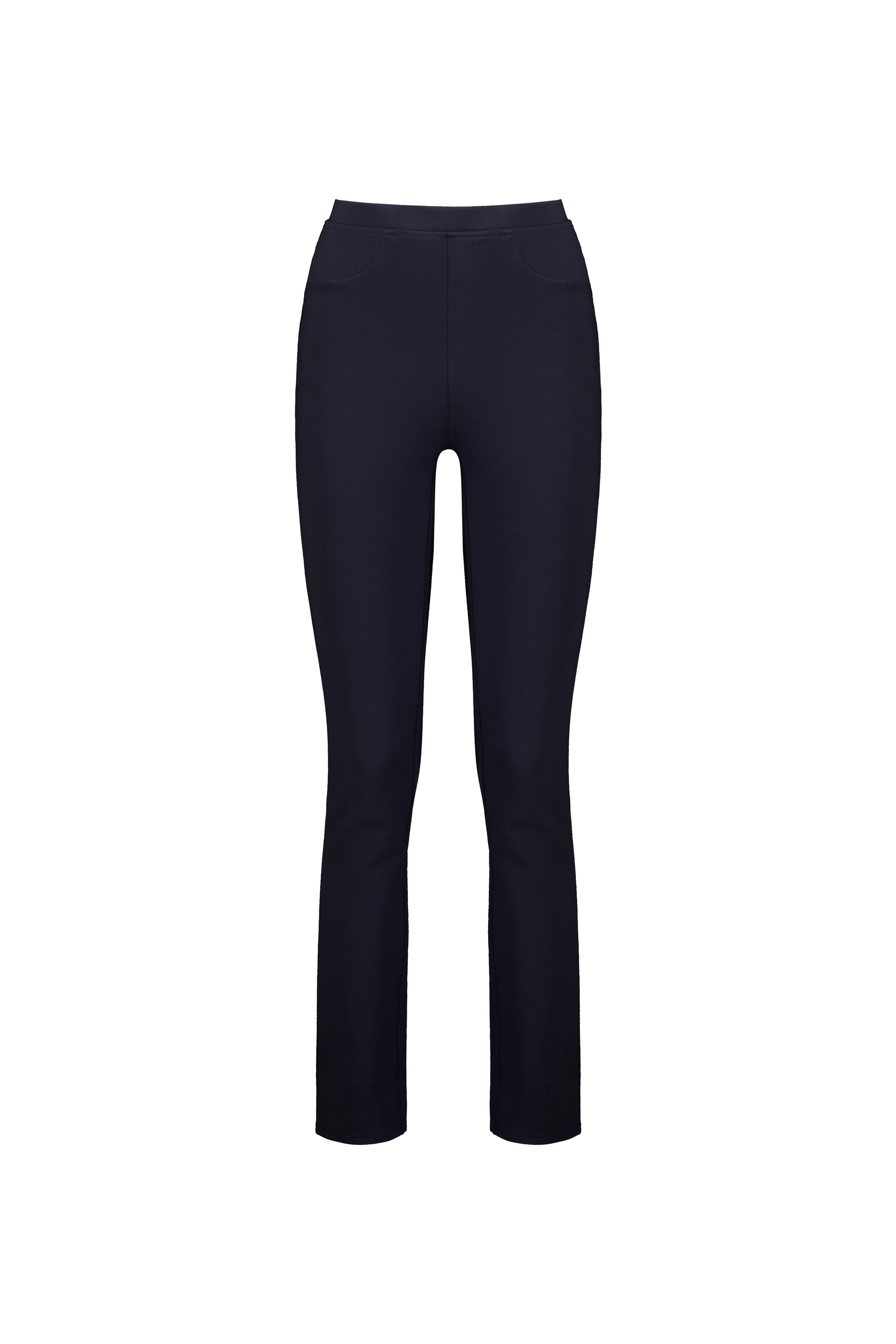 The Vassalli Bay Ponti Pull On pants in navy feature a slim leg design, made from stretch fabric with front pockets, displayed against a white background.
