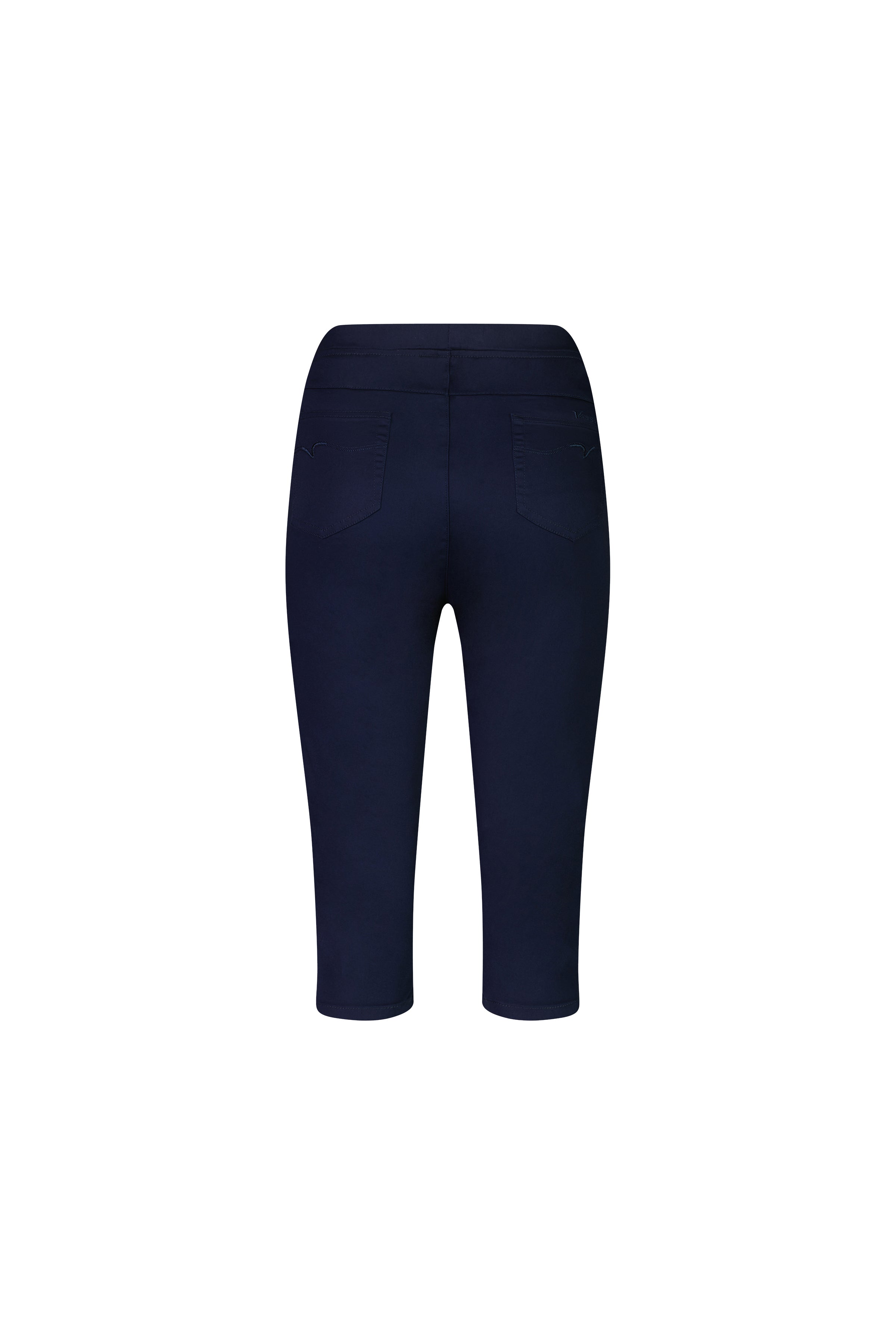 Back view of the Vassalli Atlas 3/4 Pant in navy, featuring a skinny leg fit, two back pockets, and an elastic waistband, shown on a plain white background.