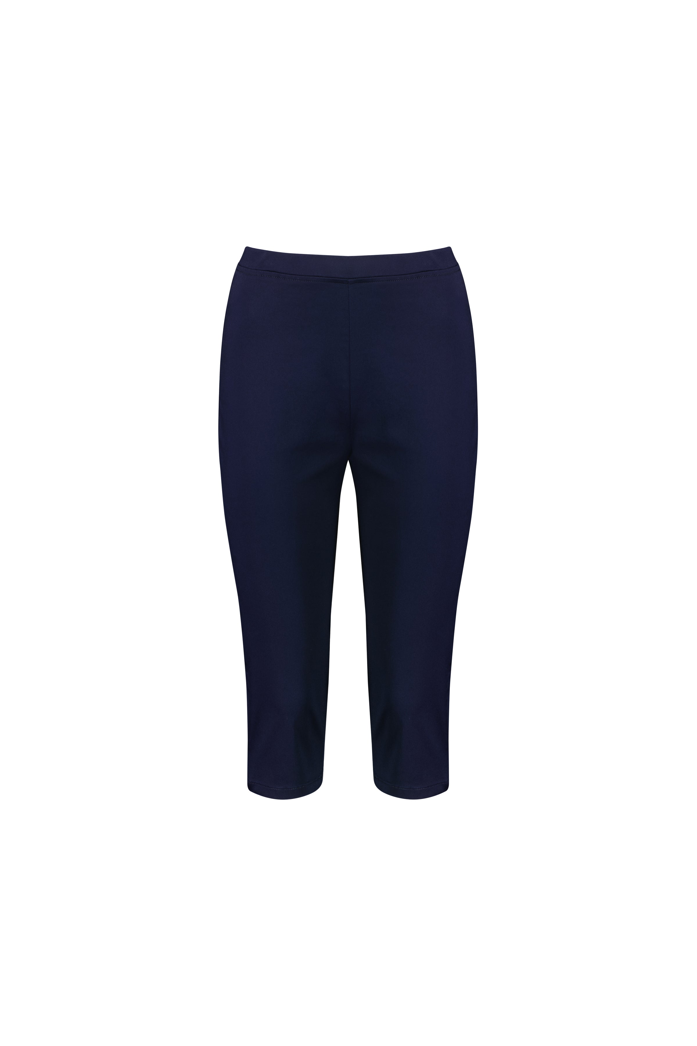 The Vassalli Atlas 3/4 Pant in navy features a knee-length, fitted skinny leg and an elastic waistband, displayed on a white background.