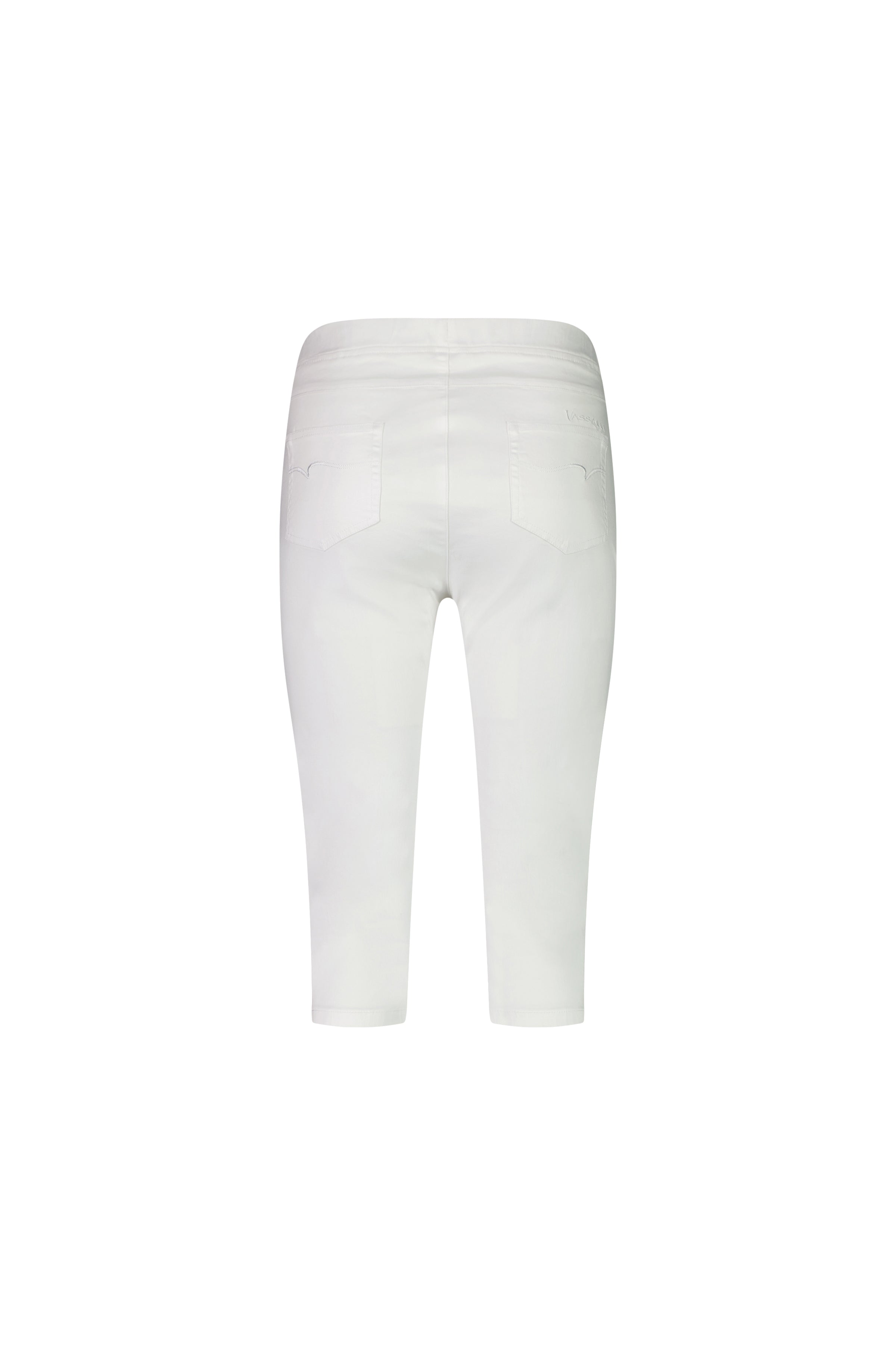 Back view of the Vassalli Atlas 3/4 Pant in white, featuring a skinny leg and two back pockets, shown on a plain white background.