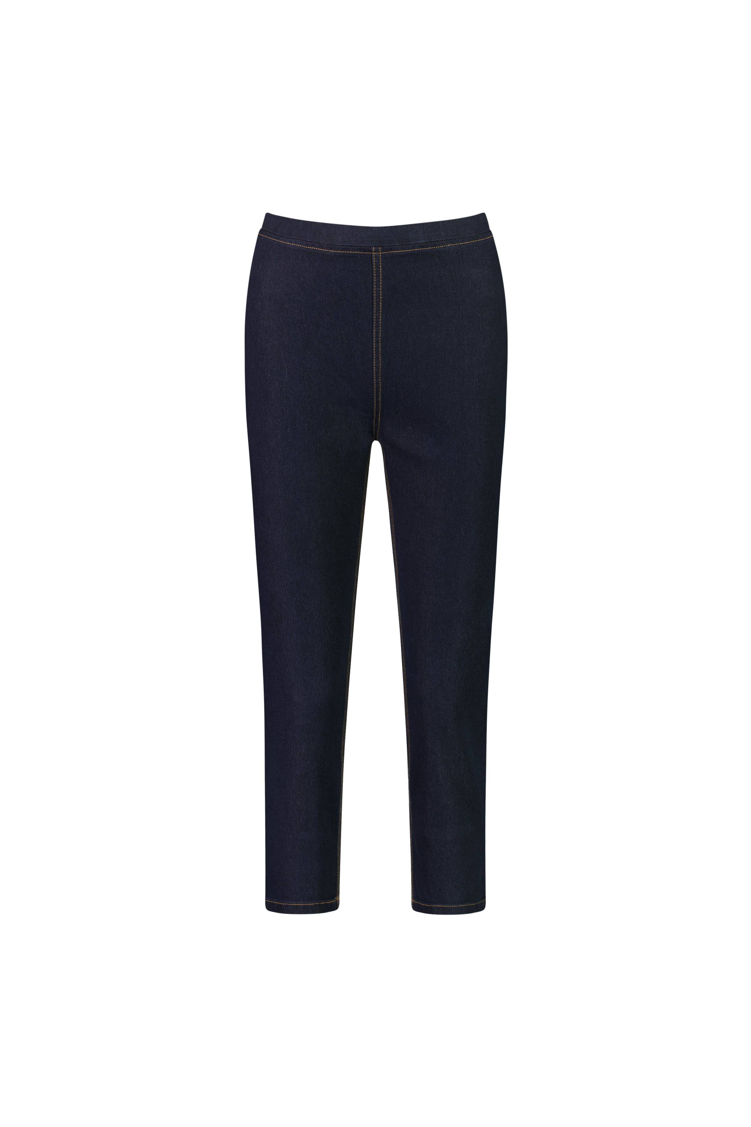 The Vassalli Harbour 7/8 Pant in Indigo Denim (Contrast Stitch) is a dark blue pull-on style with an elastic waistband, brown contrast stitching, and a slim, ankle-length fit reminiscent of classic skinny jeans. Shown from the front on a white background.