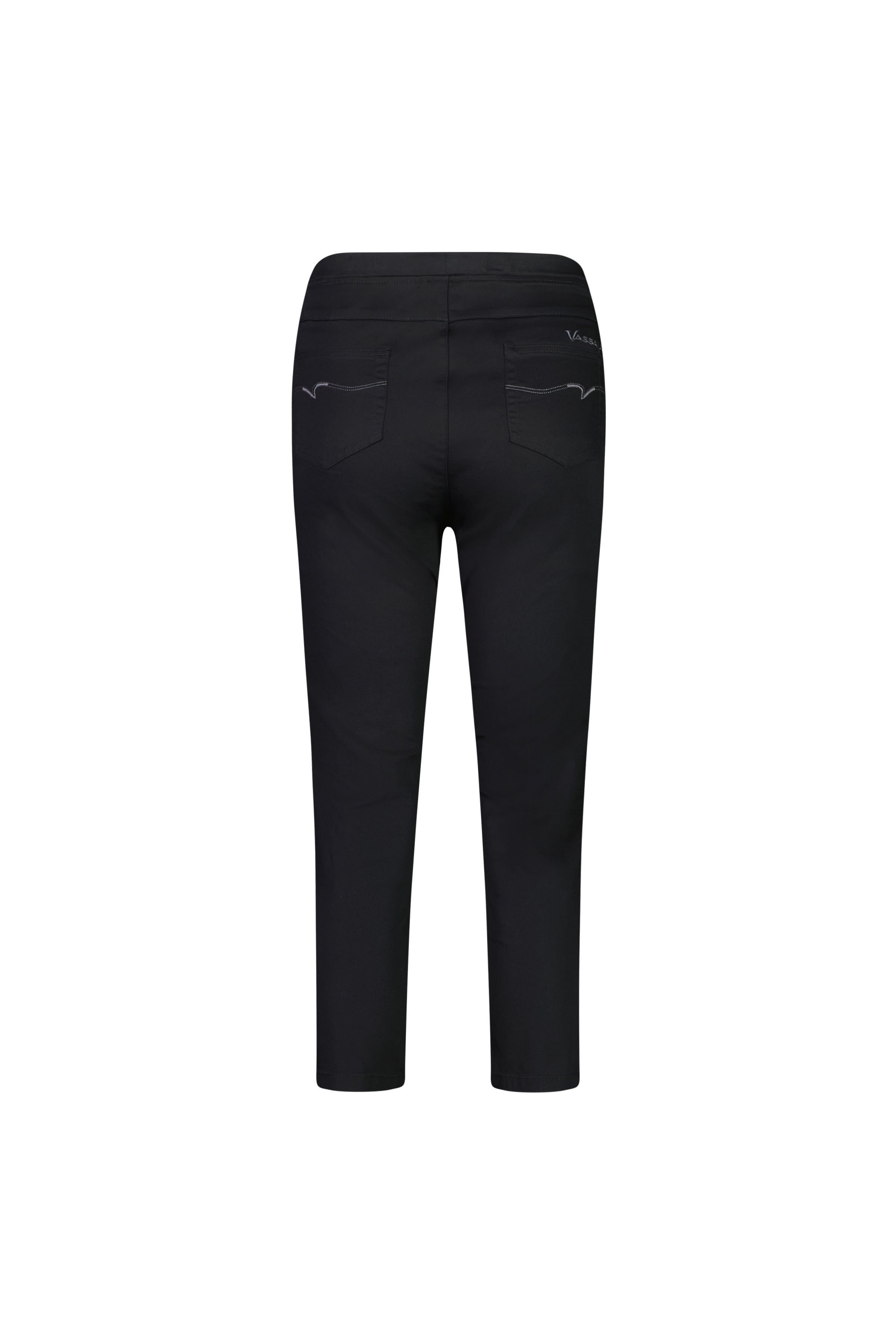 Back view of Vassalli Harbour 7/8 Pant in black, slim-fit pull-on style with two rear pockets and subtle stitching detail, made from stretch fabric and shown against a plain white background.