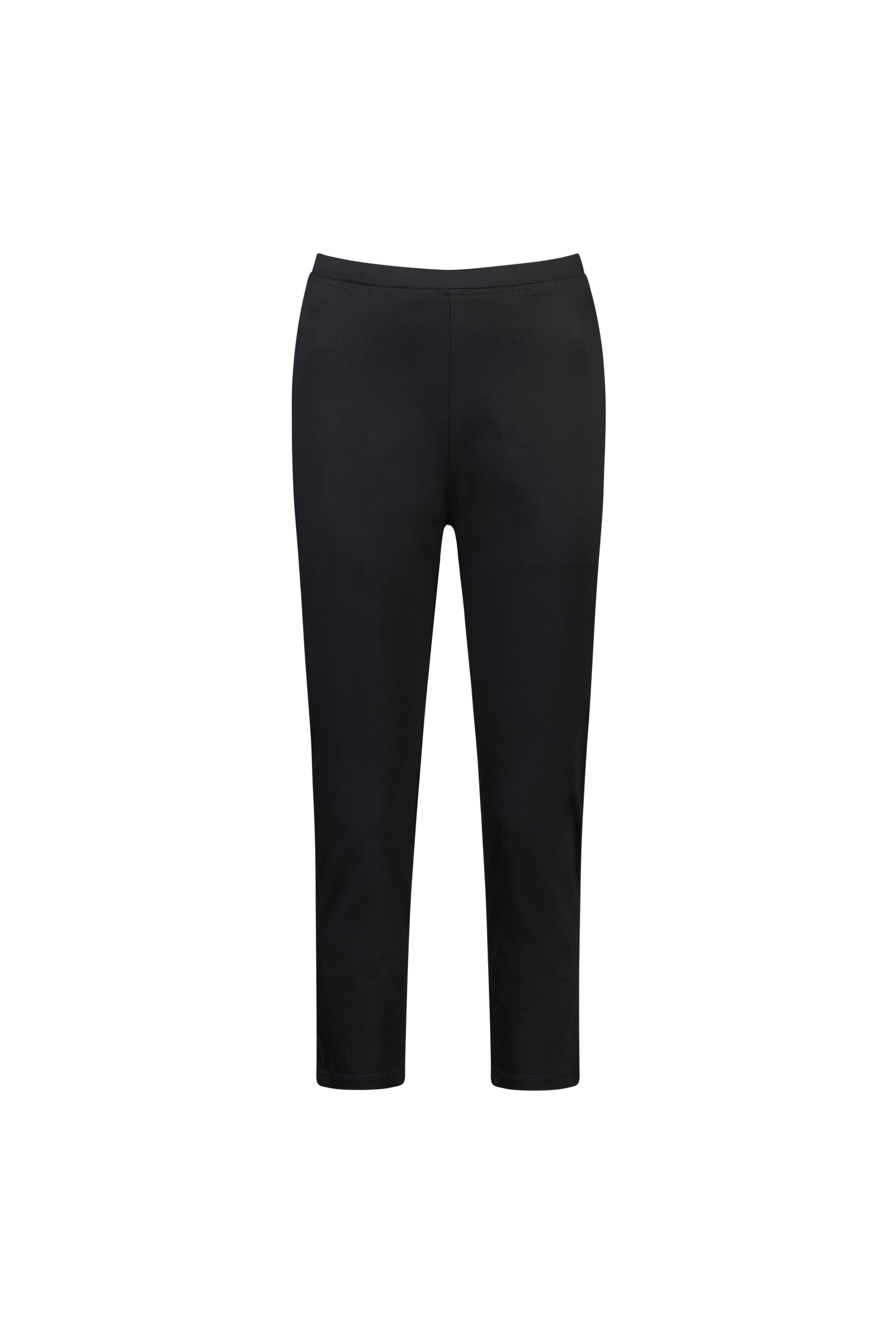 The Vassalli Harbour 7/8 Pant in black is a slim-fit, ankle-length pull-on style shown from the front on a white background, featuring a simple, clean design with comfortable stretch fabric and no visible pockets or embellishments.