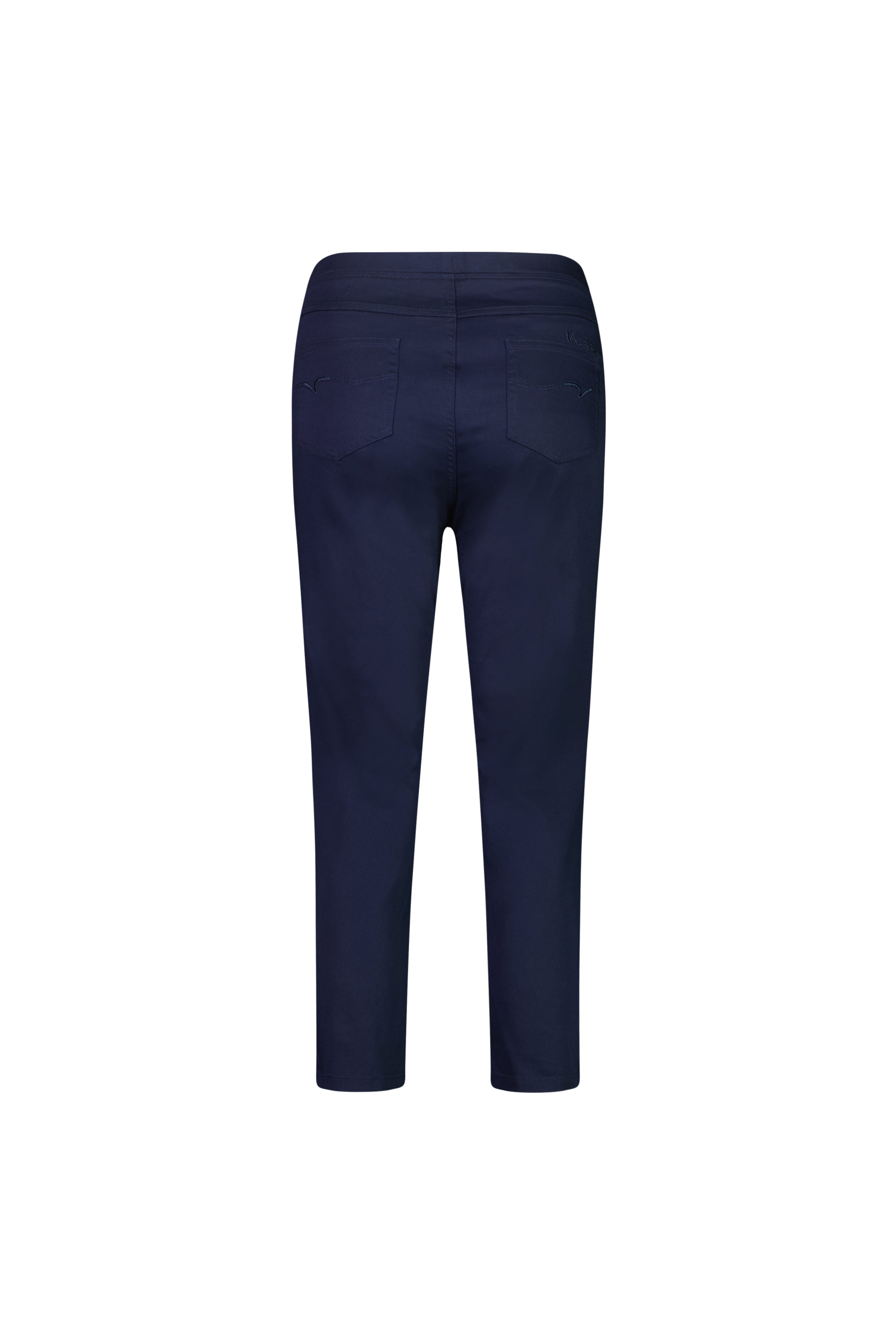 The Vassalli Harbour 7/8 Pant in navy is a women's skinny leg, ankle-length pull-on pant with two rear pockets, made from comfortable cotton stretch and shown from the back on a white background.
