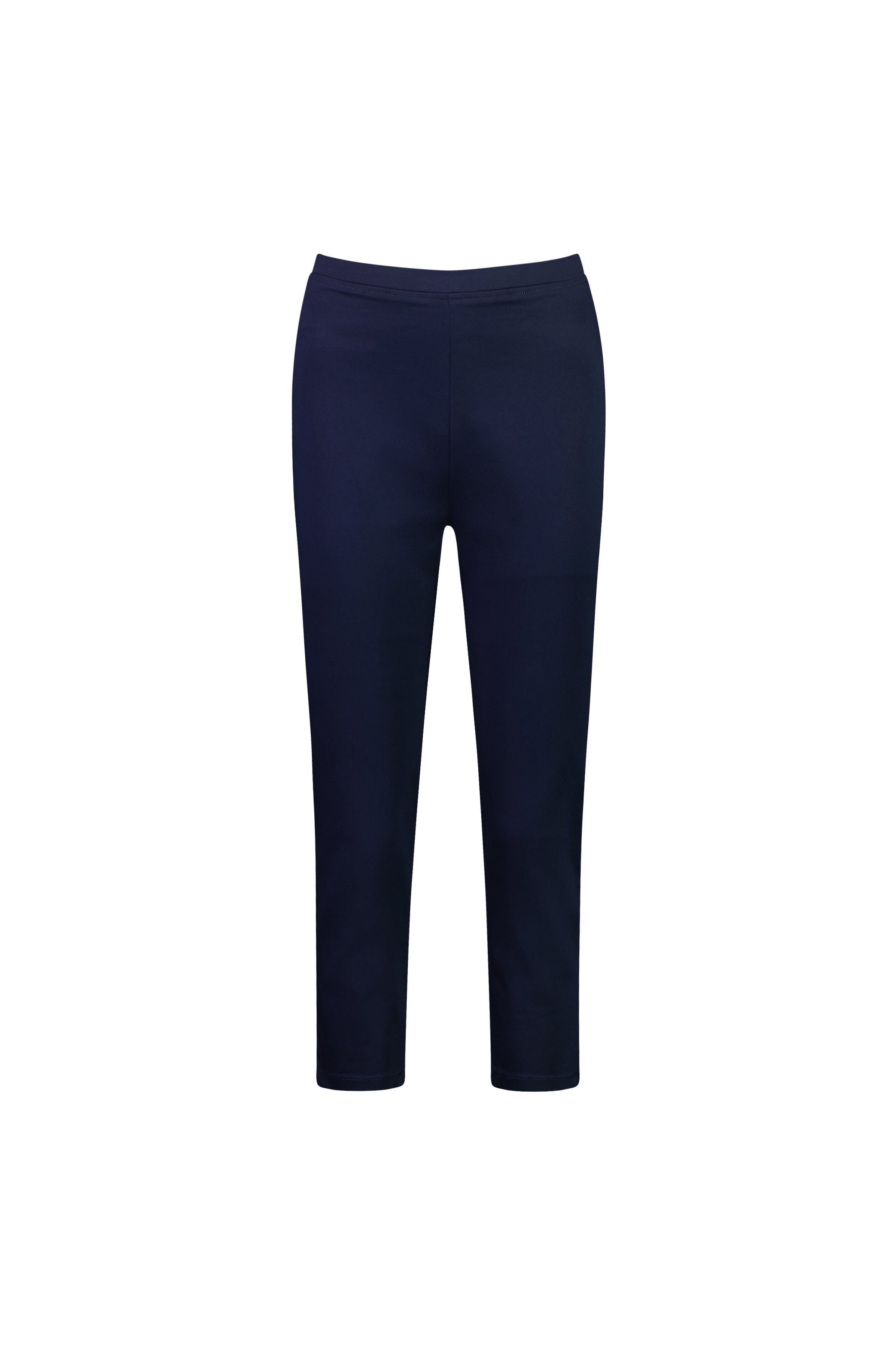 The Vassalli Harbour 7/8 Pant in navy is a slim-fit, ankle-length, pull-on pant made from cotton stretch fabric, shown from the front on a plain white background.