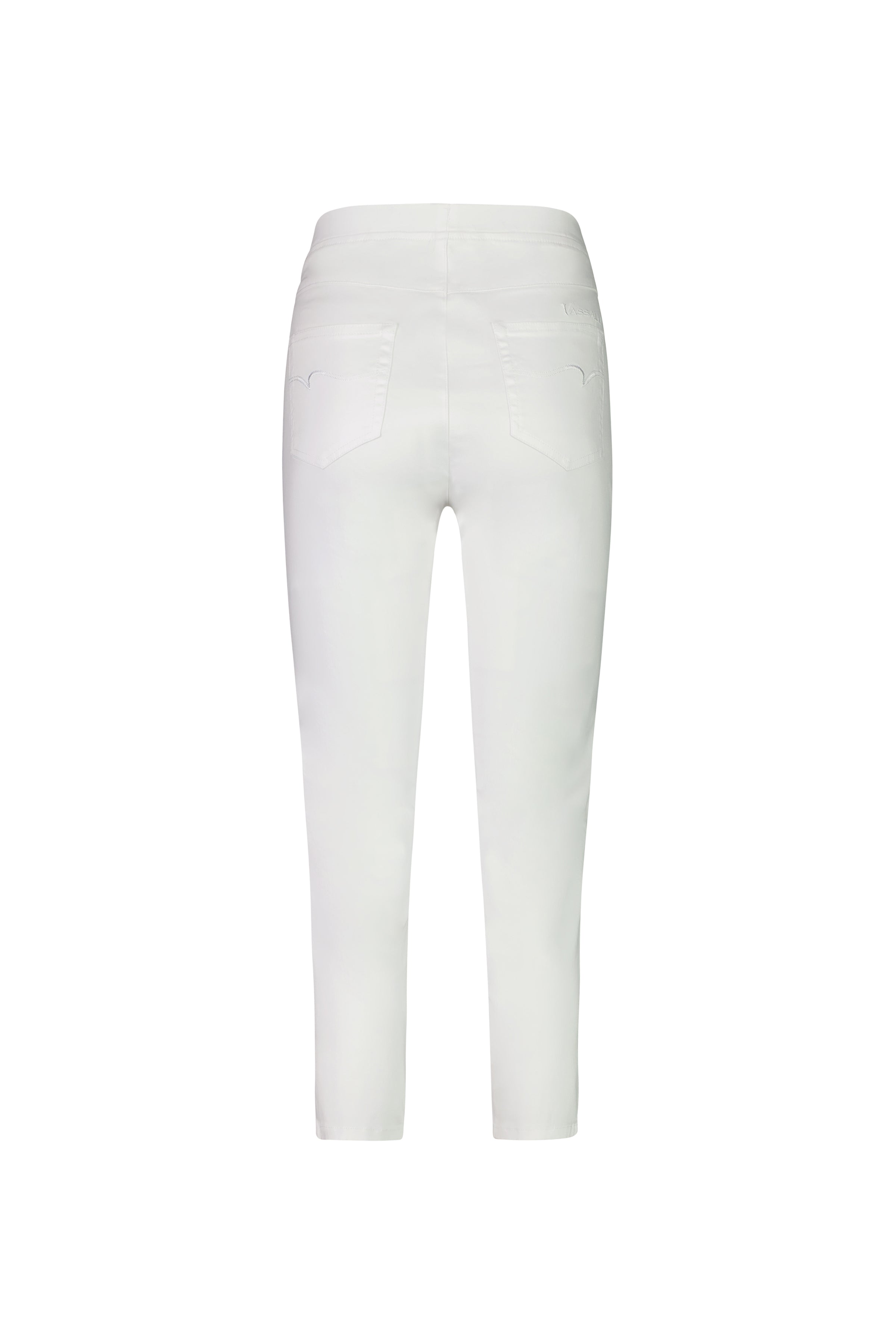 Back view of the Vassalli Harbour 7/8 Pant in white, featuring a pull-on style, two back pockets, and a skinny leg silhouette, shown against a plain white background.