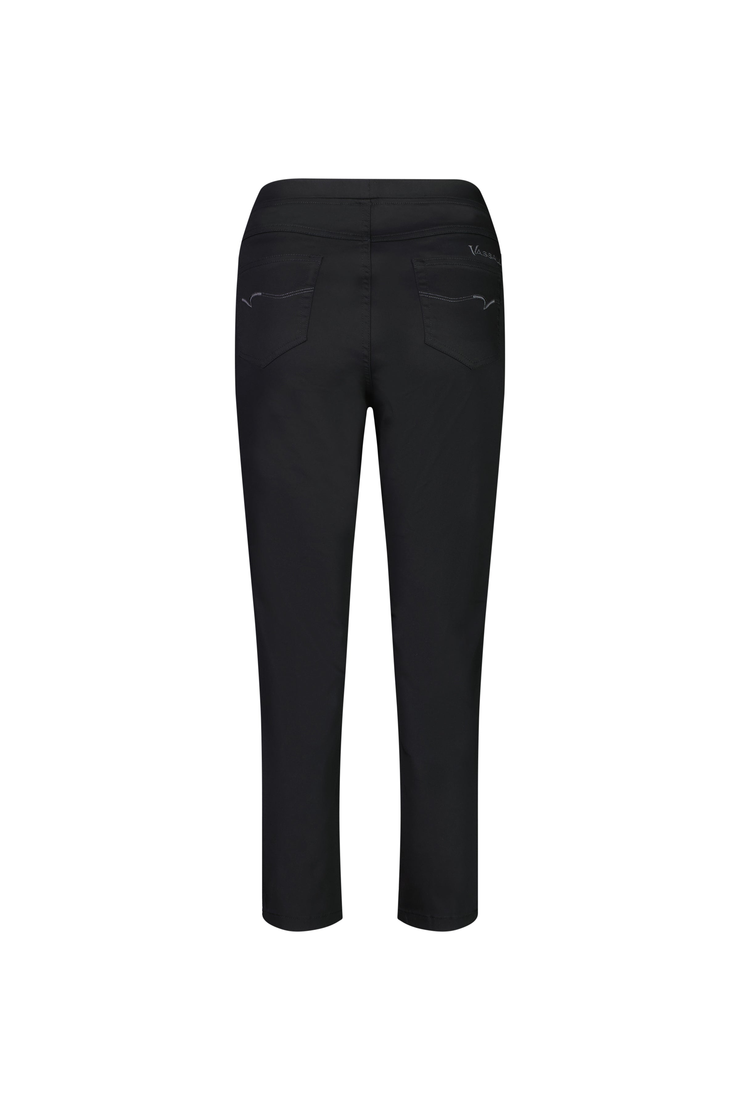 Back view of the Vassalli Sierra 7/8 Pant in black, a slim fit pull-on style with two back pockets and subtle stitching, made from stretch fabric. Shown against a plain white background.