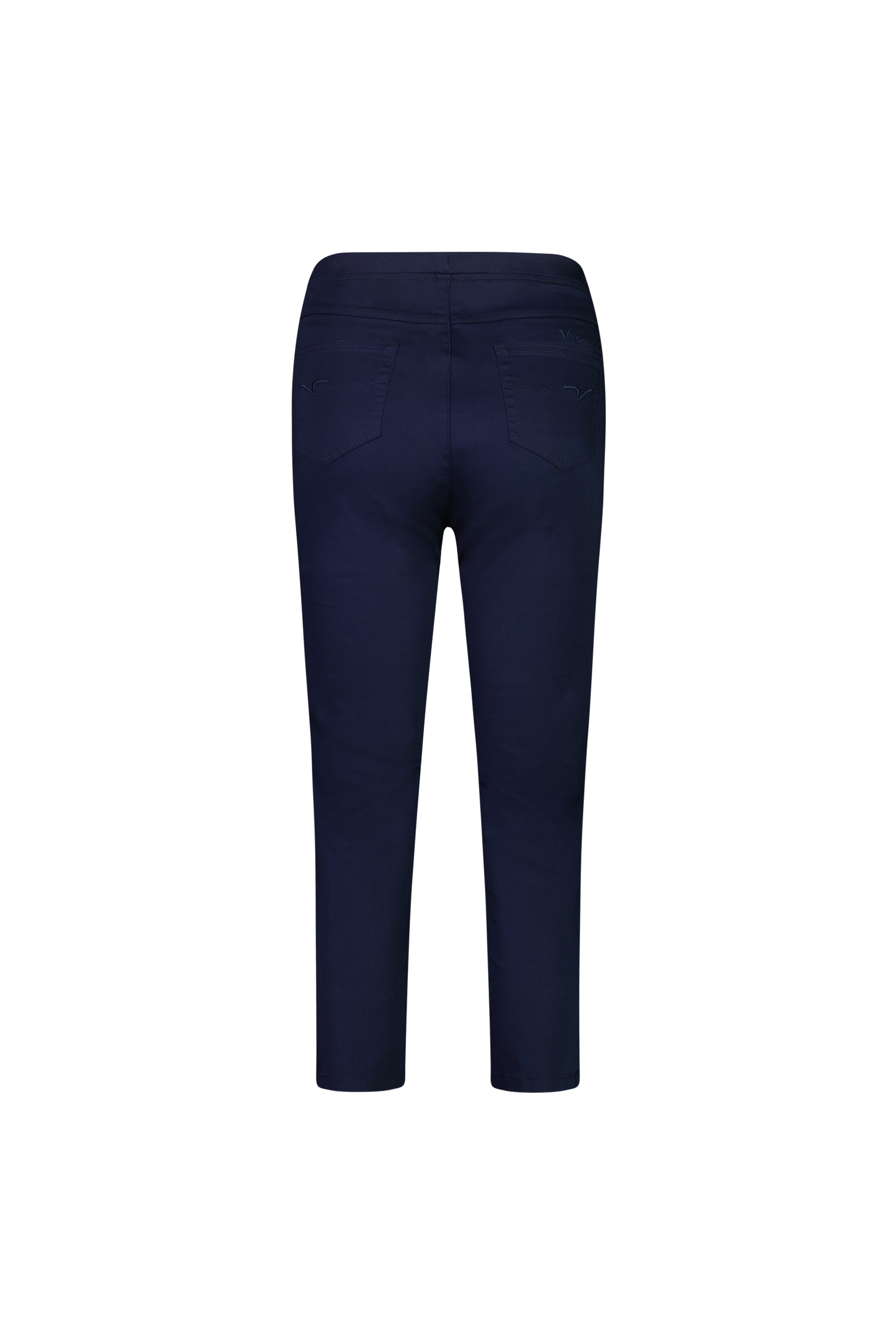 Back view of Vassalli's Sierra 7/8 Pant in navy, featuring a slim fit, pull-on style, two rear pockets, and stretch fabric, shown on a plain white background.