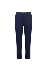 The Vassalli Sierra 7/8 Pant in navy is a dark blue, slim-fit pull-on women’s pant with a flat front, two front pockets, and a slightly cropped length, crafted from stretch fabric and shown on a plain white background.