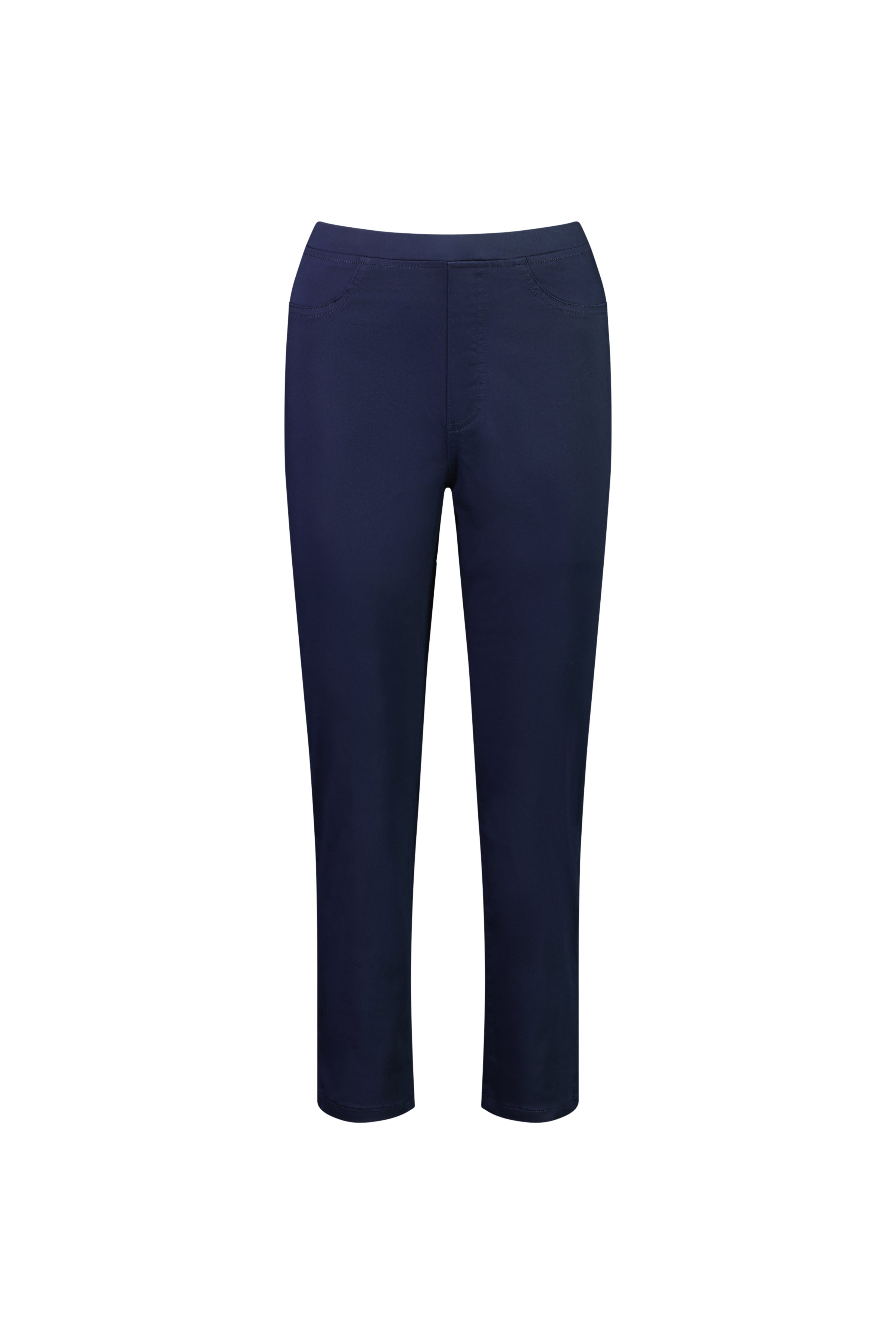 The Vassalli Sierra 7/8 Pant in navy is a dark blue, slim-fit pull-on women’s pant with a flat front, two front pockets, and a slightly cropped length, crafted from stretch fabric and shown on a plain white background.