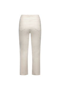 Back view of Vassalli Sierra 7/8 Pant in pumice, featuring off-white stretch fabric, straight-leg pull-on style, two back pockets, and minimal stitching detail, shown on a plain white background.