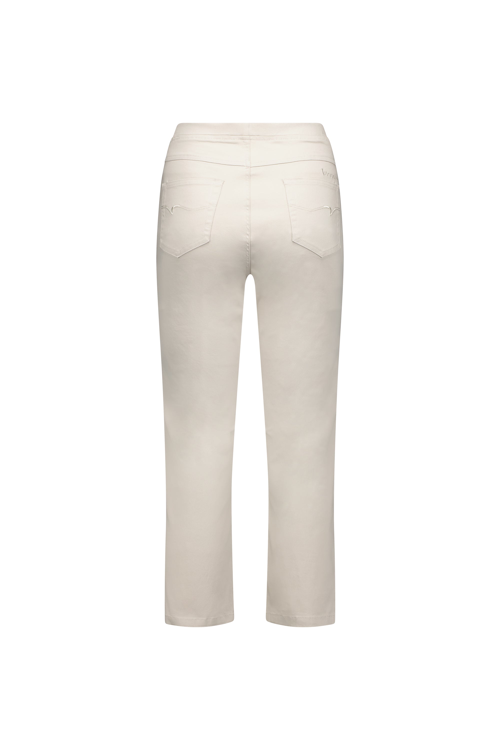 Back view of Vassalli Sierra 7/8 Pant in pumice, featuring off-white stretch fabric, straight-leg pull-on style, two back pockets, and minimal stitching detail, shown on a plain white background.