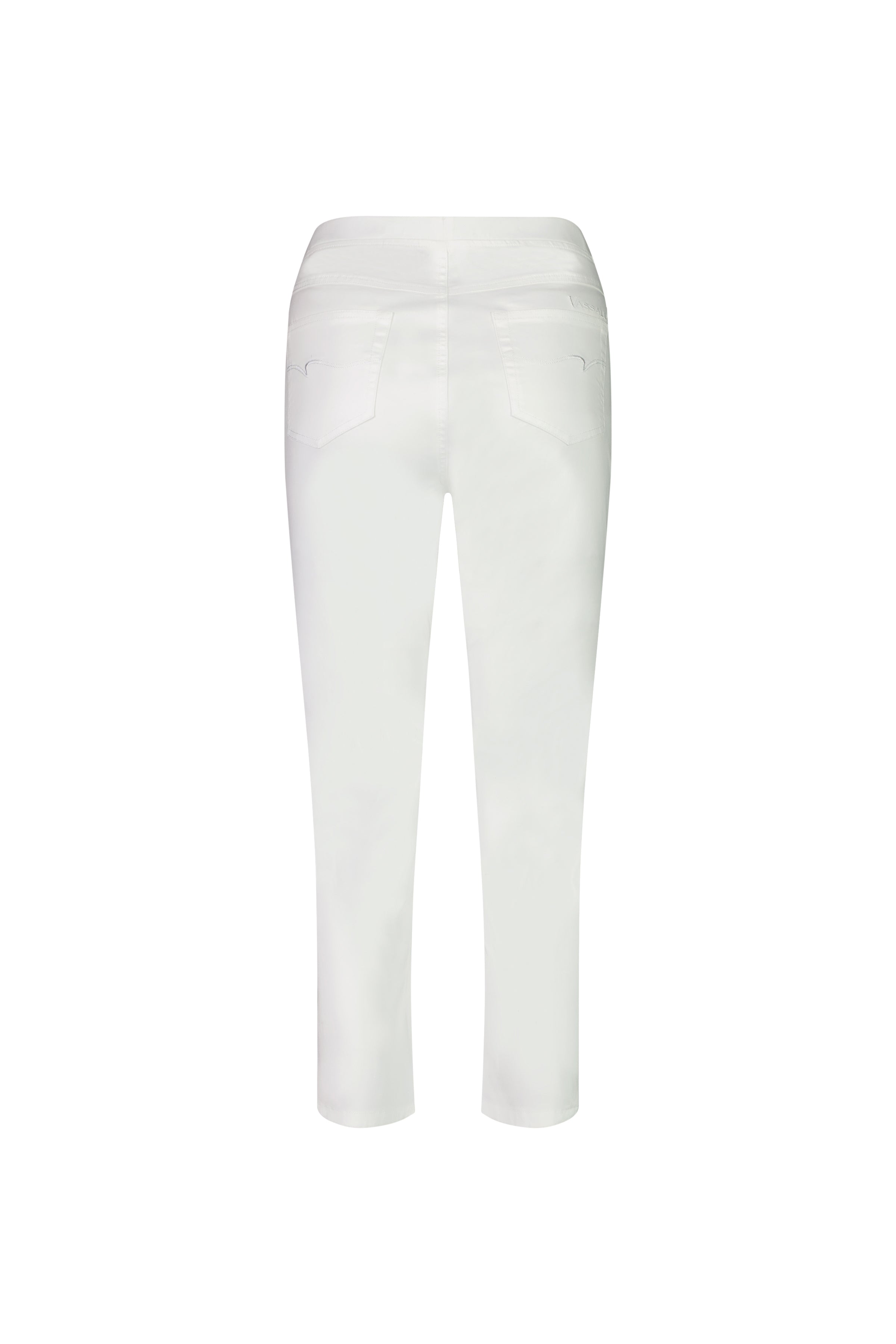 Back view of the Vassalli Sierra 7/8 Pant in White, high-waisted with two back pockets, made from lightweight stretch fabric. Displayed against a plain white background.