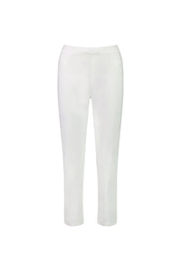 The Vassalli Sierra 7/8 Pant in white features a slim fit, pull-on style with an elastic waistband, crafted from lightweight stretch fabric for comfort and a chic look. Displayed on a white background.