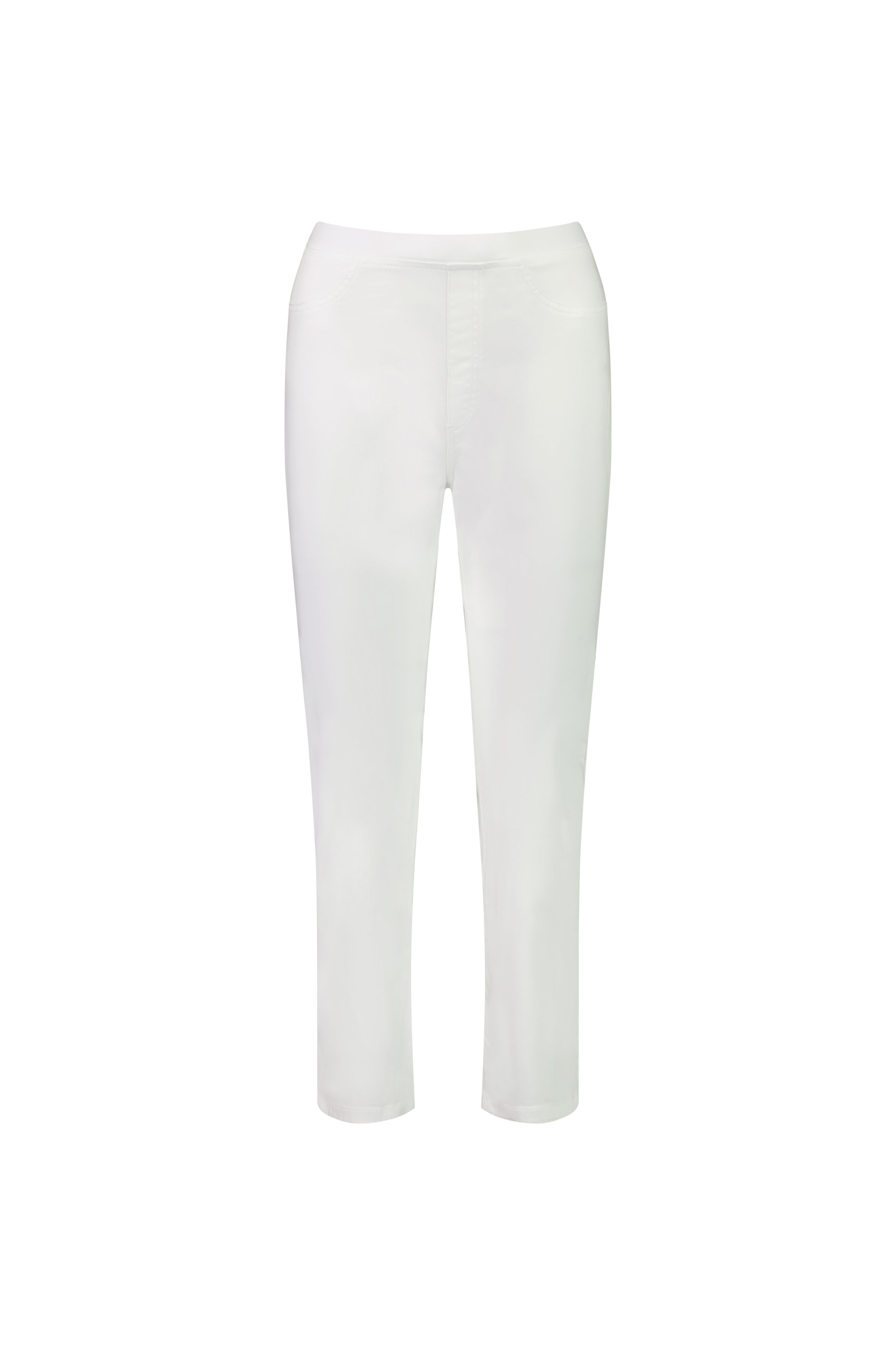 The Vassalli Sierra 7/8 Pant in white features a slim fit, pull-on style with an elastic waistband, crafted from lightweight stretch fabric for comfort and a chic look. Displayed on a white background.