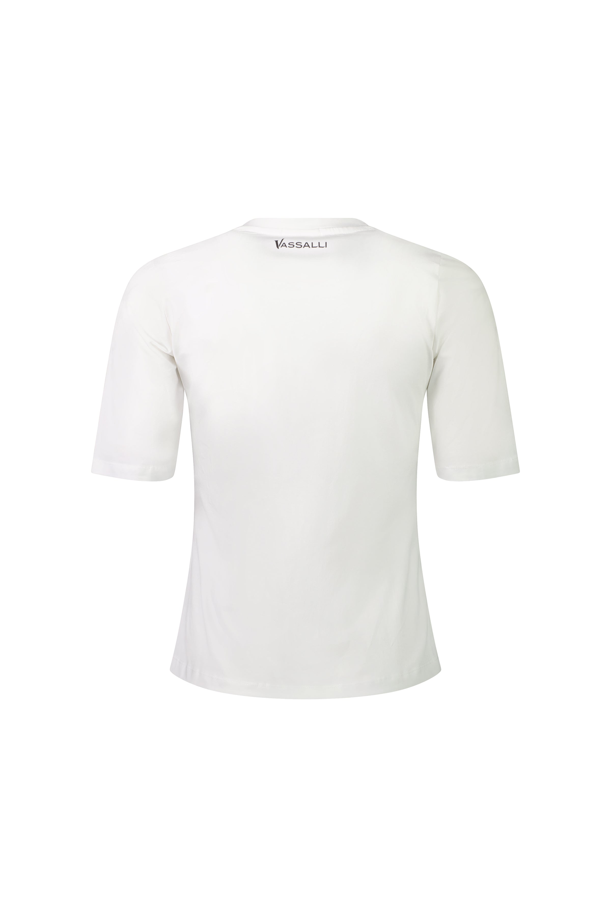 Back view of the Vassalli Base Tee - White, a relaxed fit cotton jersey, featuring the brand name near the neckline on a plain white background.