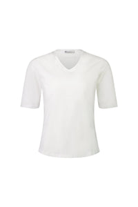 The Vassalli Base Tee - White is a relaxed fit, short-sleeve V-neck made from soft cotton jersey, shown on a white background.