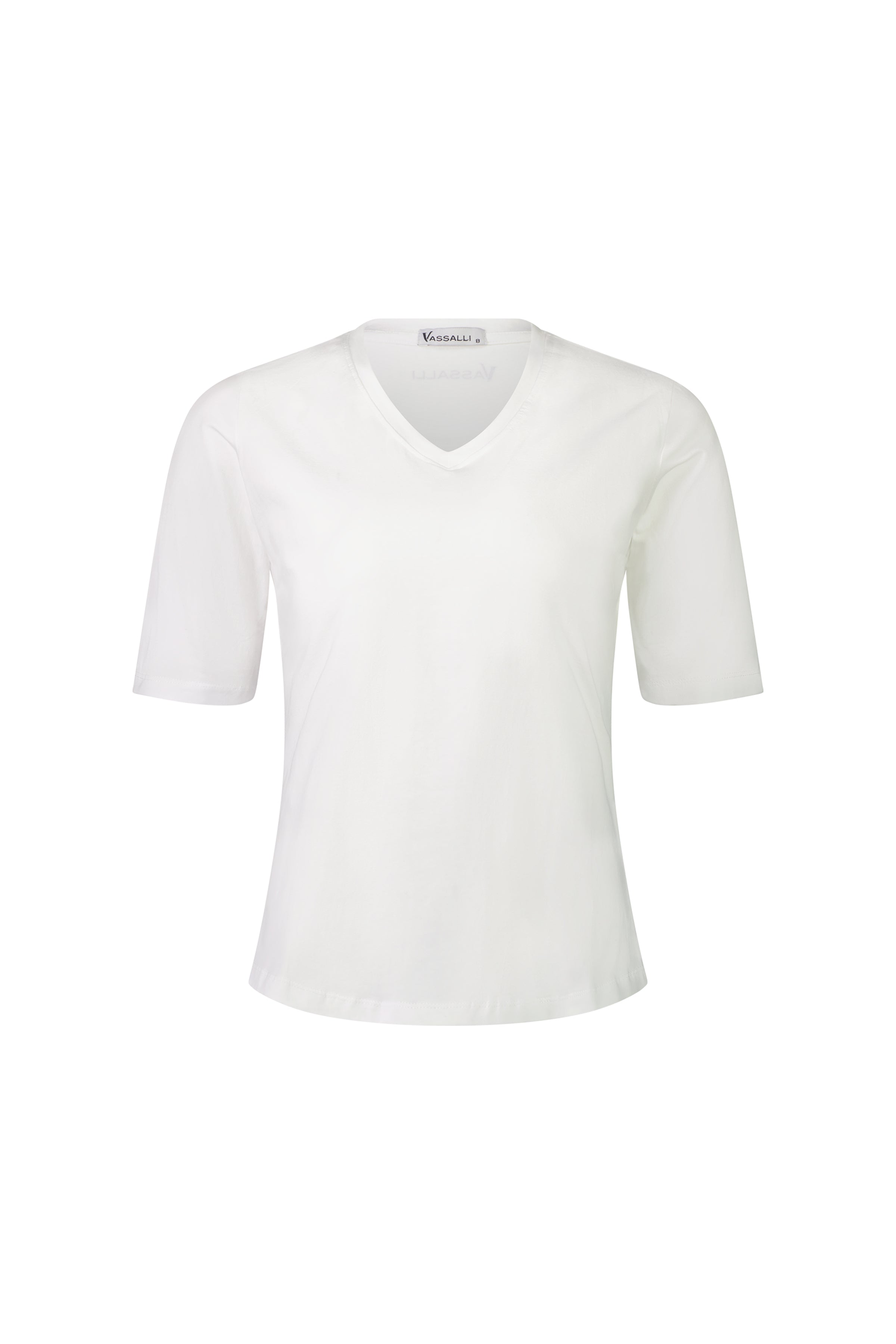 The Vassalli Base Tee - White is a relaxed fit, short-sleeve V-neck made from soft cotton jersey, shown on a white background.