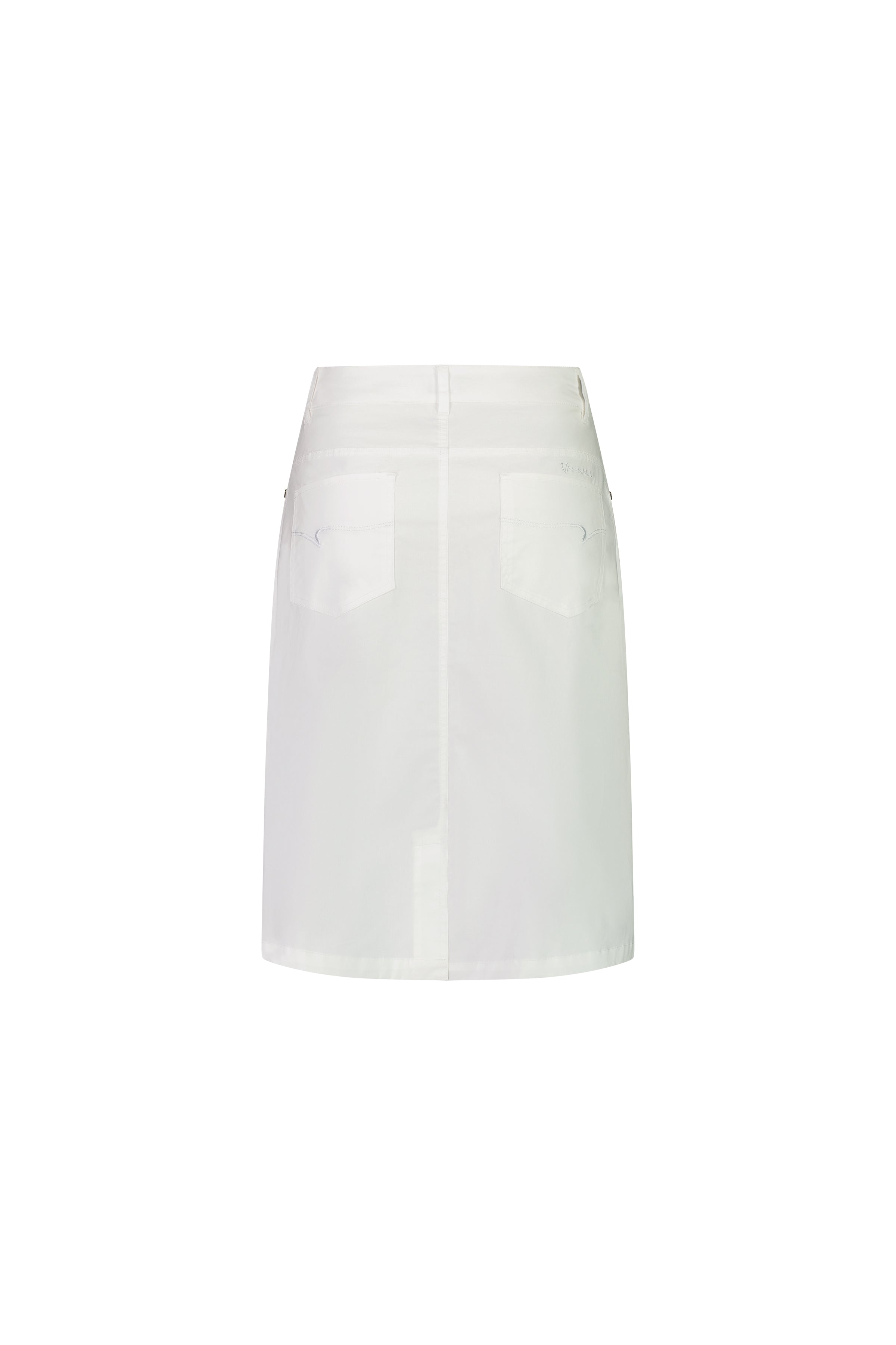 The Vassalli Poppy Poplin Skirt in white features a clean design, straight hem, fitted waist, visible seams, and two rear patch pockets—perfect for everyday wear.