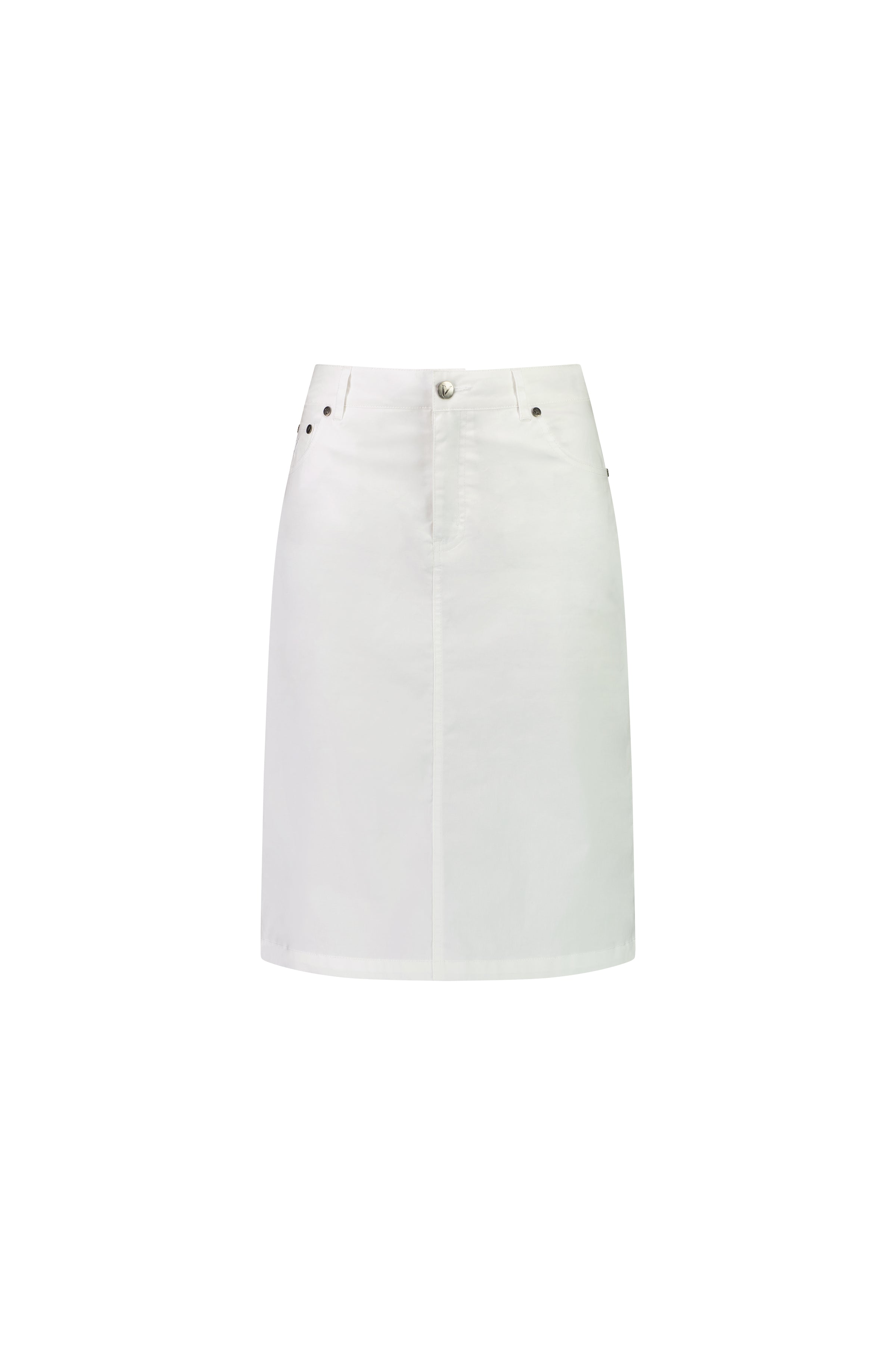 The Vassalli Poppy Poplin Skirt in white is a knee-length stretch denim skirt with front zipper, button closure, belt loops, and pockets—ideal for everyday comfort. Shown against a plain white background.