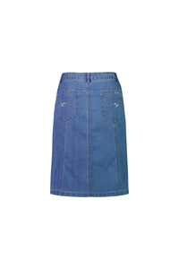 The Vassalli Poppy Skirt in Light Denim features a straight cut, contrast stitching, belt loops, two back pockets adorned with white stitched bird designs, and is crafted from stretch denim. Shown from the back.
