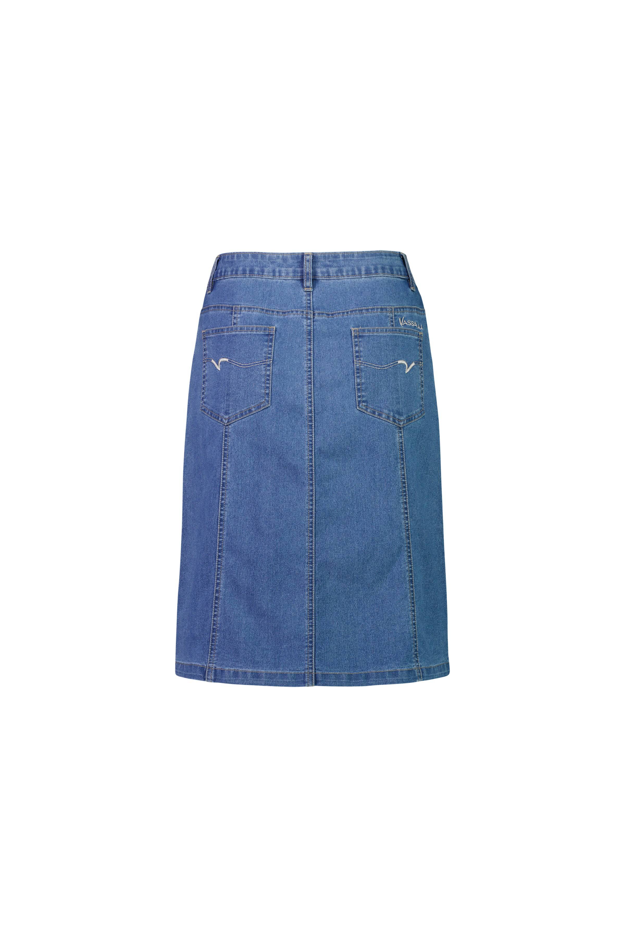 The Vassalli Poppy Skirt in Light Denim features a straight cut, contrast stitching, belt loops, two back pockets adorned with white stitched bird designs, and is crafted from stretch denim. Shown from the back.