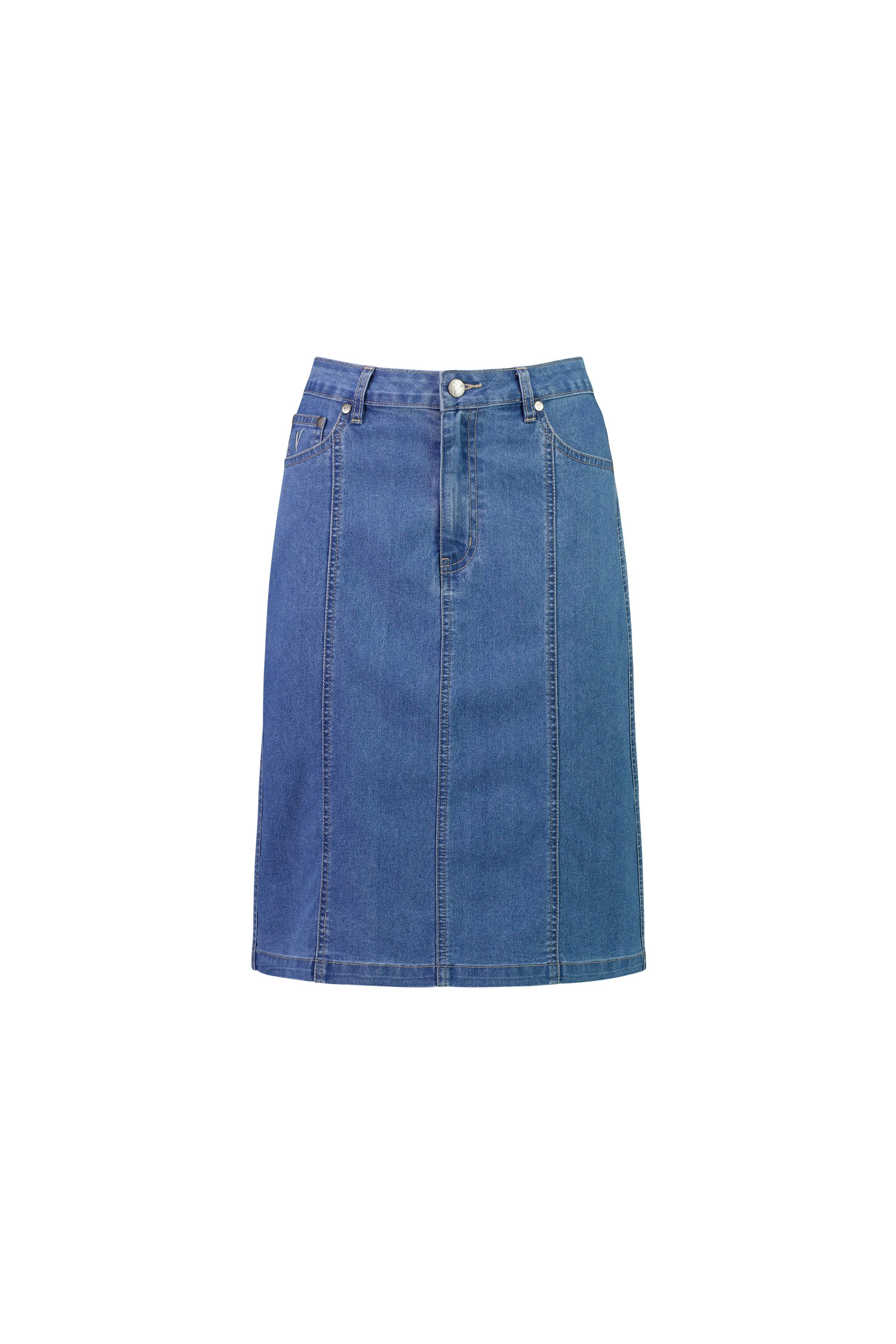 The Vassalli Poppy Skirt in Light Denim is a knee-length, stretch denim skirt with contrast stitching, front vertical seams, belt loops, button closure, and two front pockets, shown against a plain white background.
