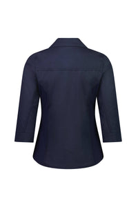 The Vassalli Isla Shirt - Ink, shown from the back against a white background, features a navy blue slim fit with three-quarter sleeves, a tailored collar, and curved seams for a structured silhouette.