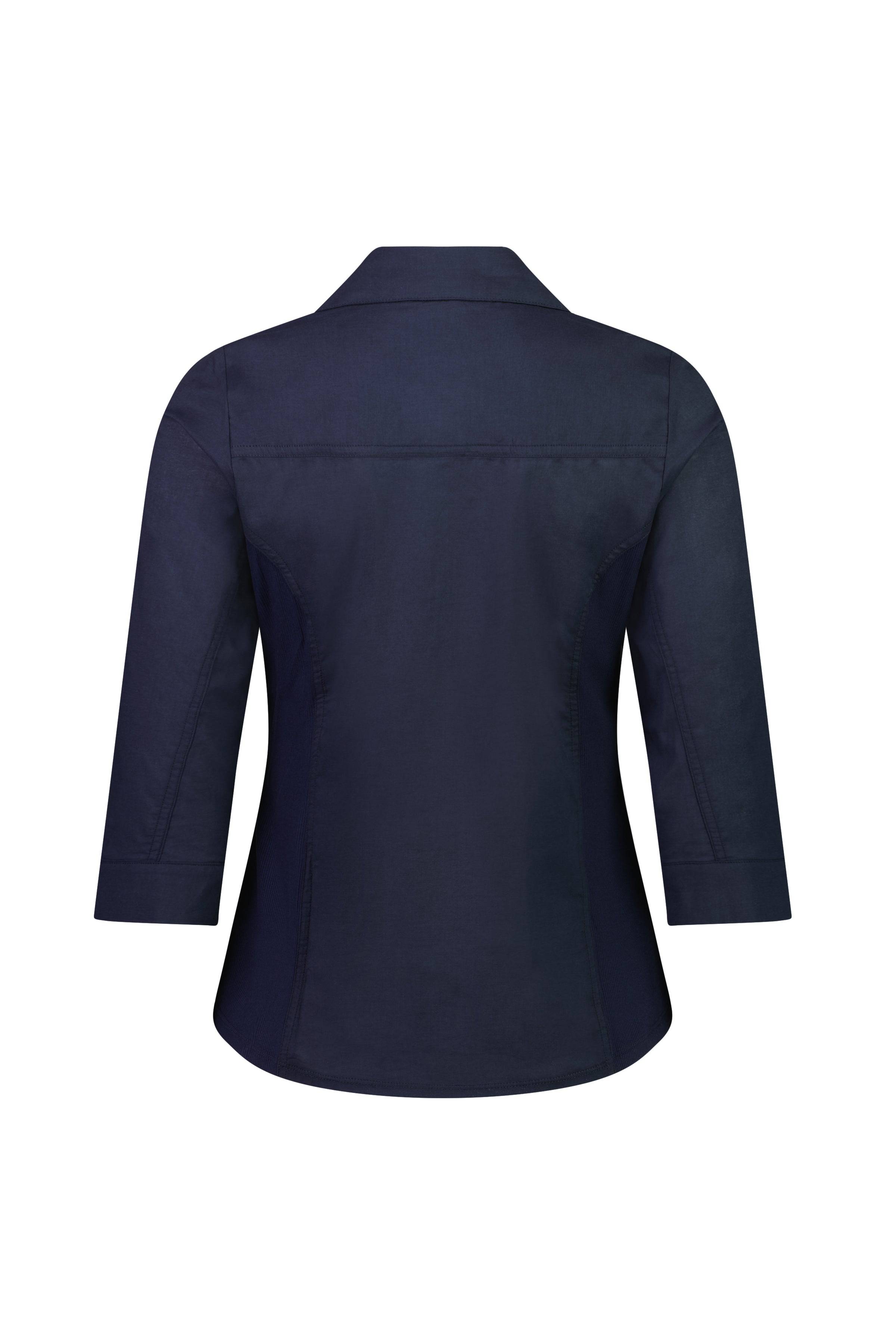 The Vassalli Isla Shirt - Ink, shown from the back against a white background, features a navy blue slim fit with three-quarter sleeves, a tailored collar, and curved seams for a structured silhouette.