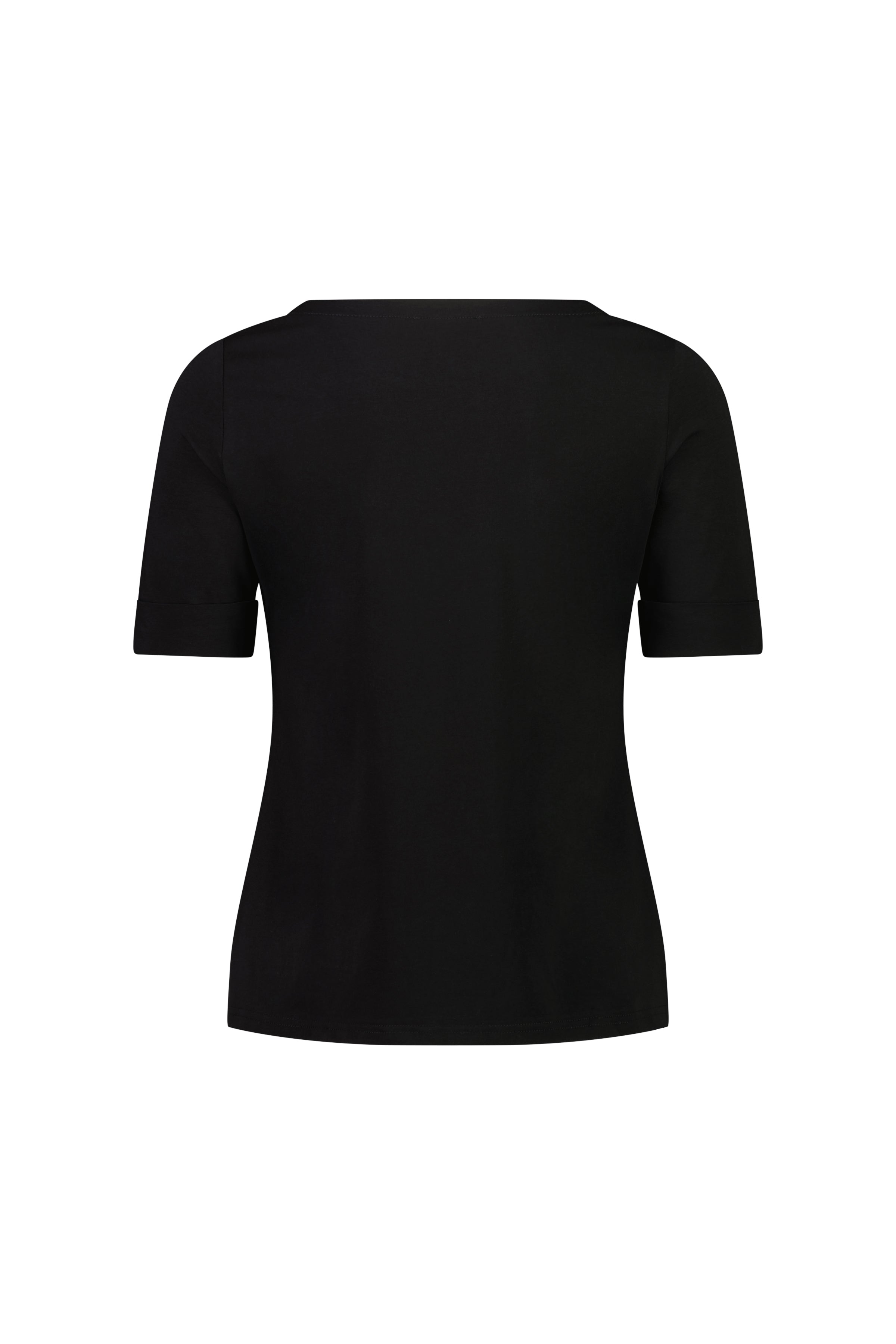 The Vassalli Boat Neck Top in black is shown from the back against a white background. This cotton jersey shirt features short sleeves and a simple, classic design without logos or patterns.