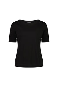 The Vassalli Boat Neck Top in black features a stylish boat neckline, short sleeves, and a simple design, shown against a white background.