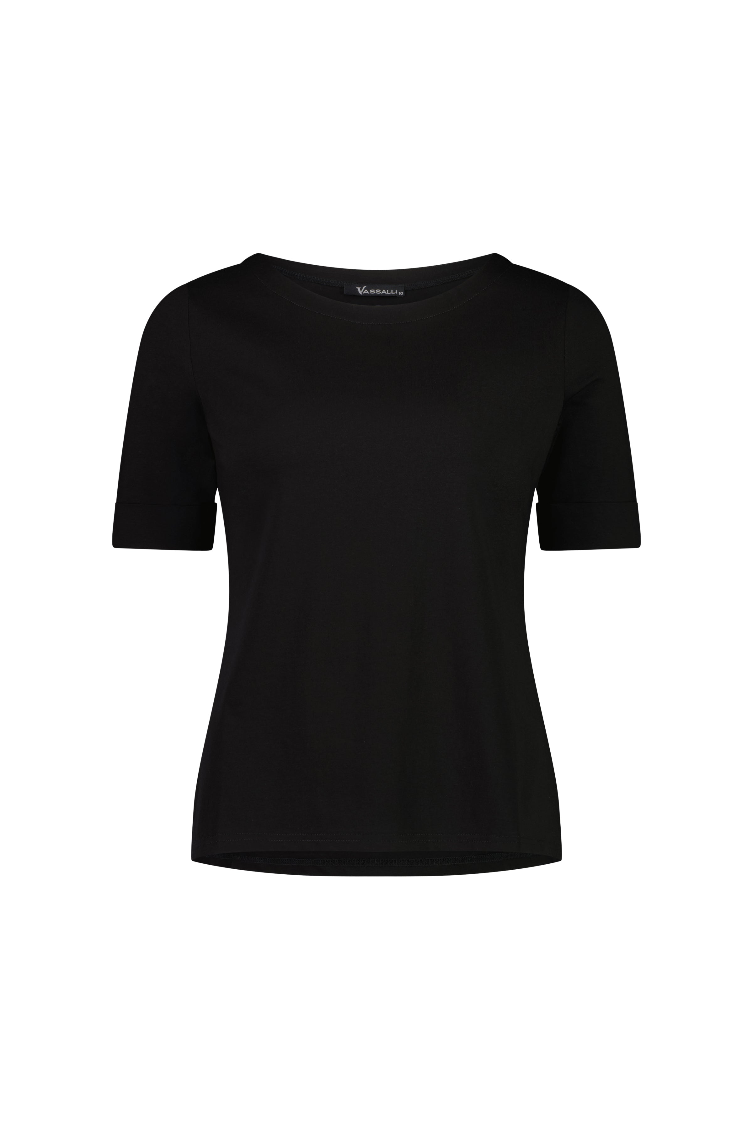 The Vassalli Boat Neck Top in black features a stylish boat neckline, short sleeves, and a simple design, shown against a white background.