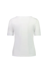 Back view of the Vassalli Boat Neck Top in white, crafted from soft cotton-elastane jersey. This relaxed-fit top features a simple, logo-free design with short sleeves and no visible patterns or decorations, shown on a white background.