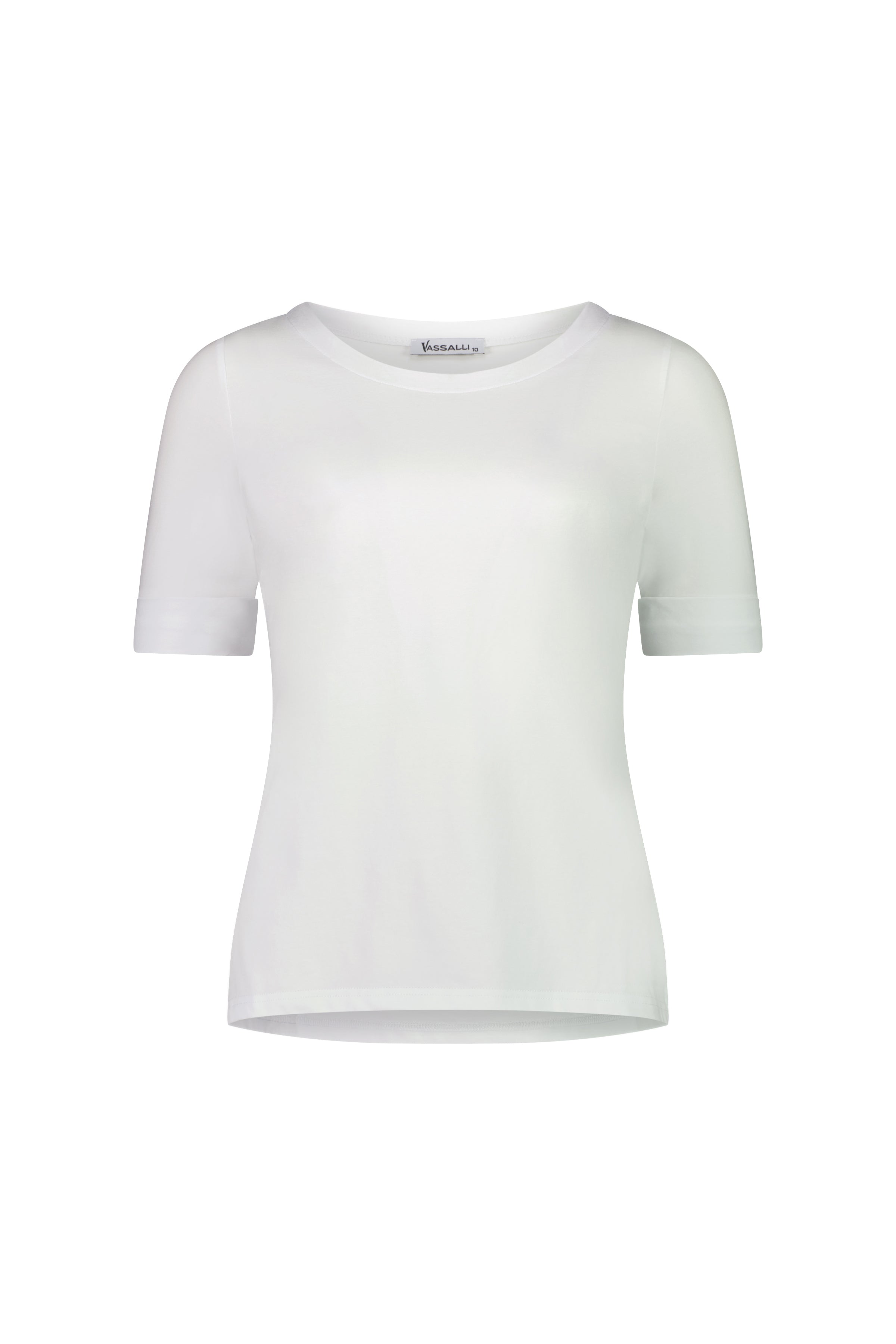 The Vassalli Boat Neck Top in white is shown on a white background. This simple, fitted top has no visible patterns or graphics and features a boat neckline with short sleeves in soft cotton-elastane jersey.