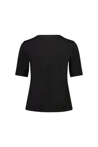 Back view of the Vassalli V-Neck Top in black, featuring a relaxed fit, short sleeves with cuffs, and stretch cotton jersey fabric, displayed against a white background.
