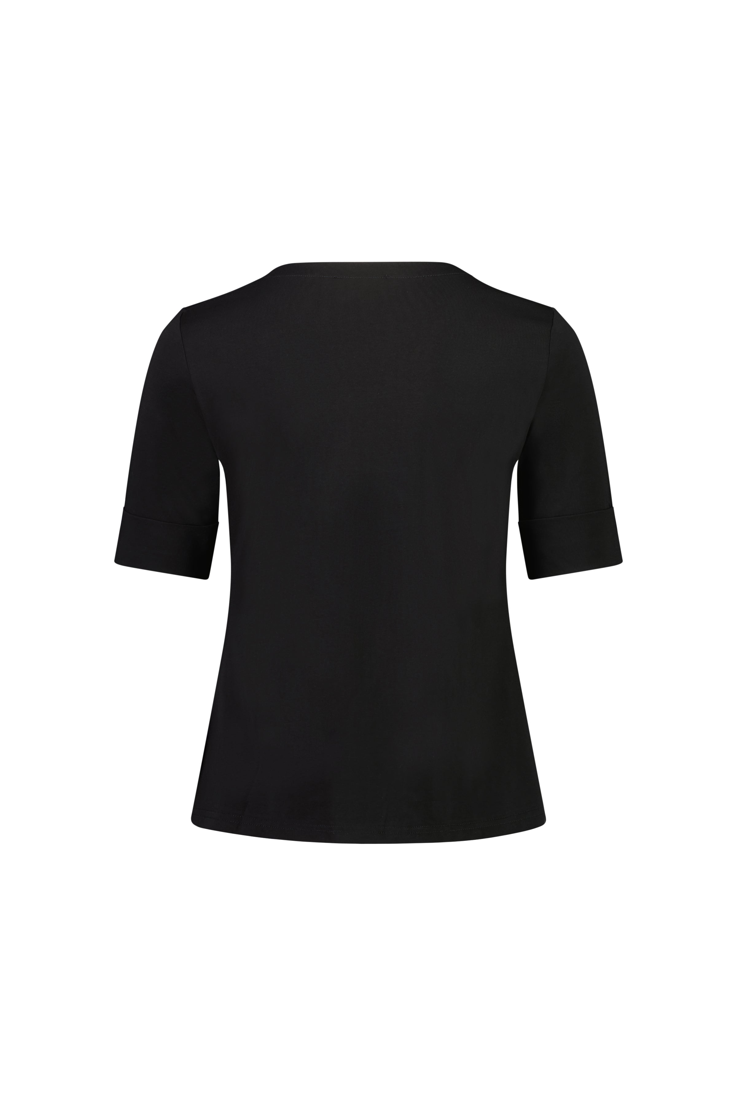 Back view of the Vassalli V-Neck Top in black, featuring a relaxed fit, short sleeves with cuffs, and stretch cotton jersey fabric, displayed against a white background.