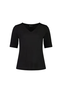 The Vassalli V-Neck Top - Black is a women's stretch cotton jersey with short sleeves, a straight hem, and a relaxed fit, shown on a white background.