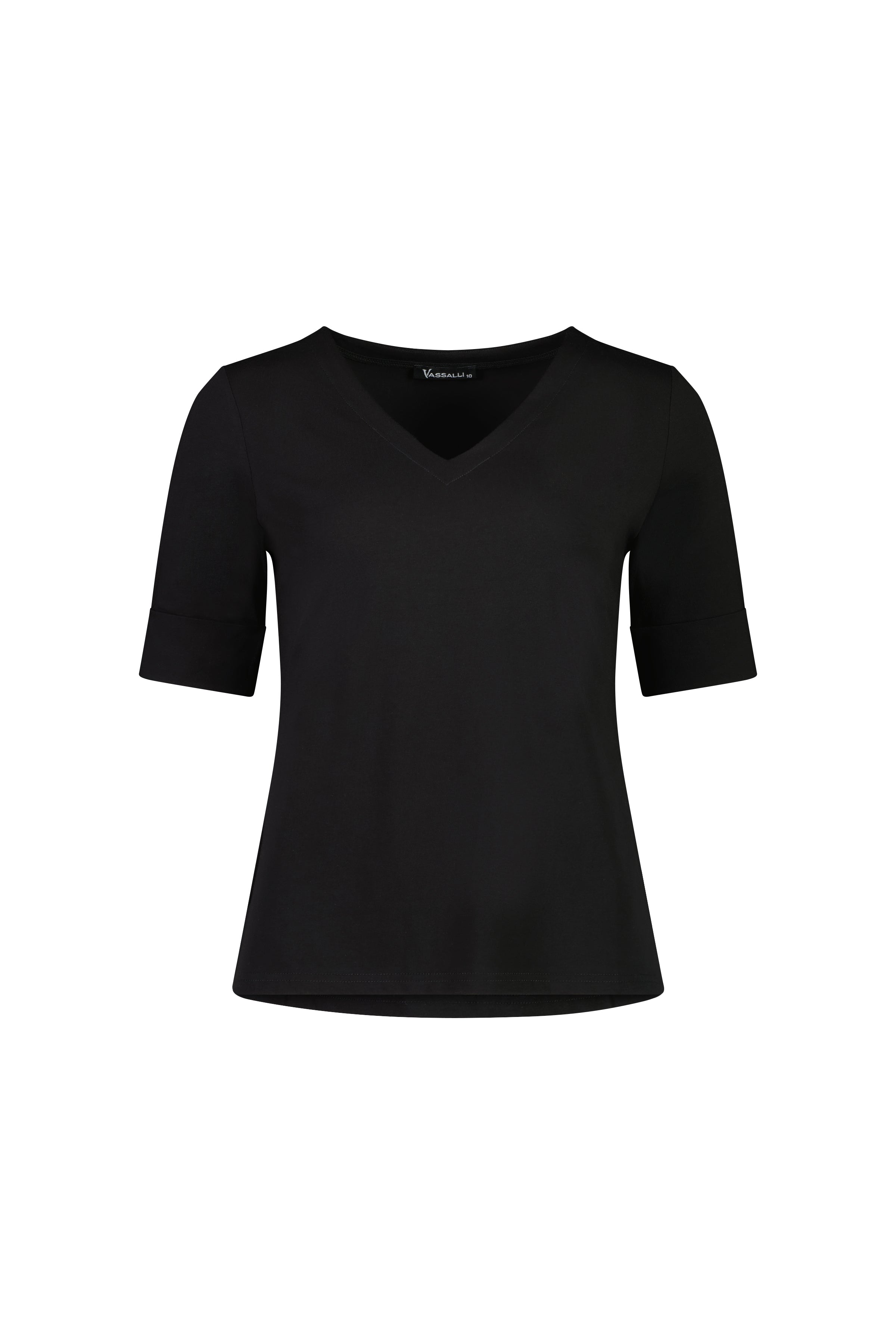 The Vassalli V-Neck Top - Black is a women's stretch cotton jersey with short sleeves, a straight hem, and a relaxed fit, shown on a white background.