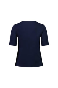 Back view of the Vassalli V-Neck Top in navy, featuring a relaxed fit, short sleeves, stretch cotton jersey fabric, and a slightly flared hem, shown on a white background.
