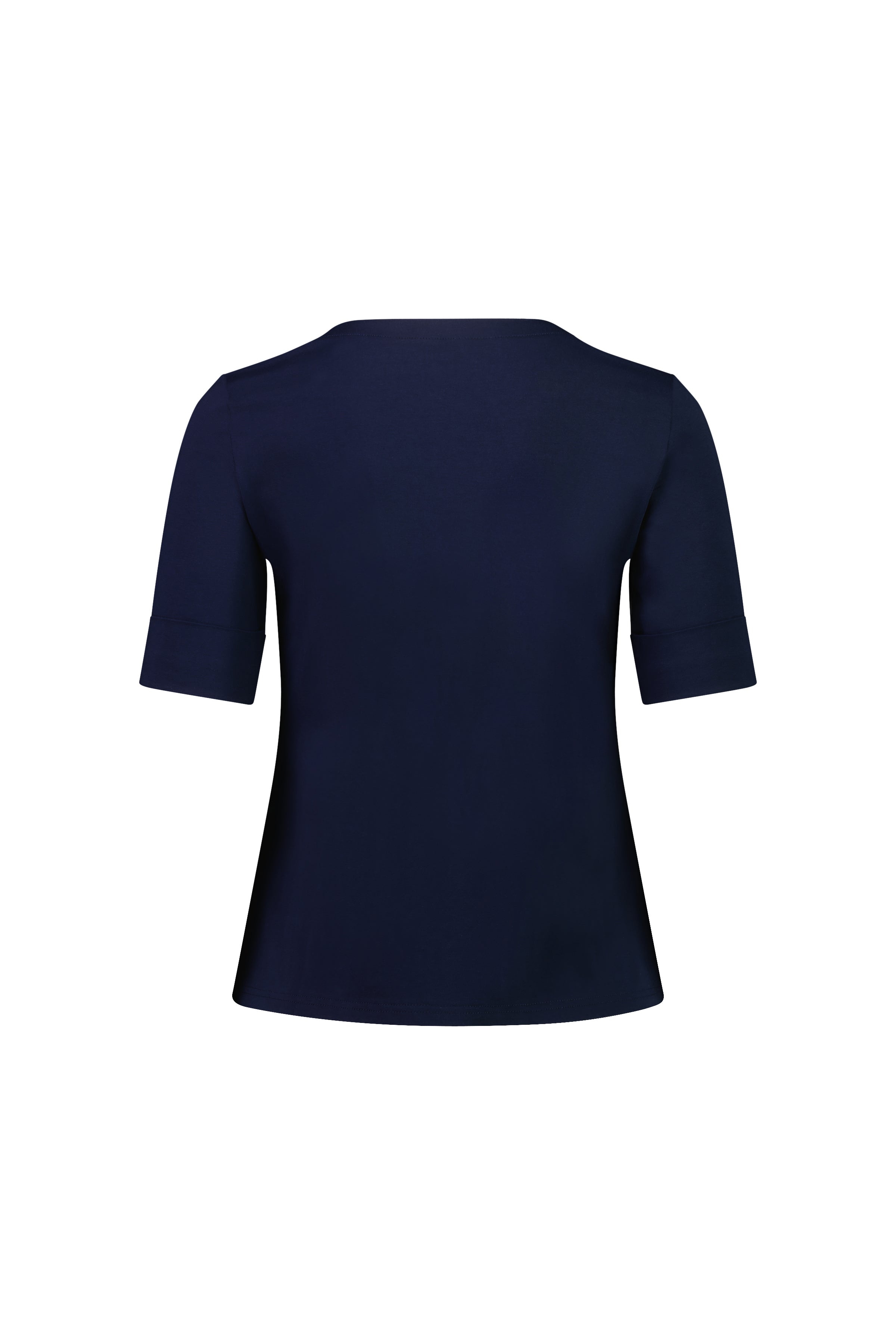 Back view of the Vassalli V-Neck Top in navy, featuring a relaxed fit, short sleeves, stretch cotton jersey fabric, and a slightly flared hem, shown on a white background.