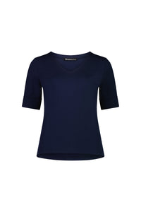 The Vassalli V-Neck Top - Navy is a women’s stretch cotton jersey top with short sleeves, a relaxed fit, and a slightly longer back hem, shown on a white background.