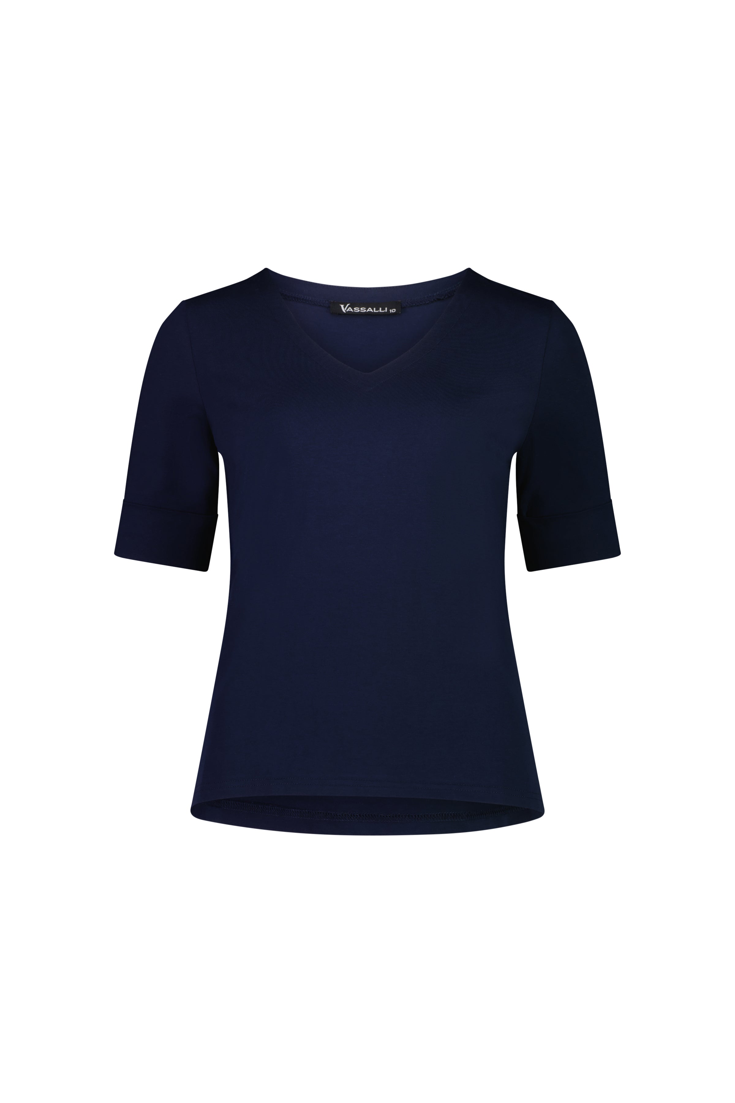 The Vassalli V-Neck Top - Navy is a women’s stretch cotton jersey top with short sleeves, a relaxed fit, and a slightly longer back hem, shown on a white background.